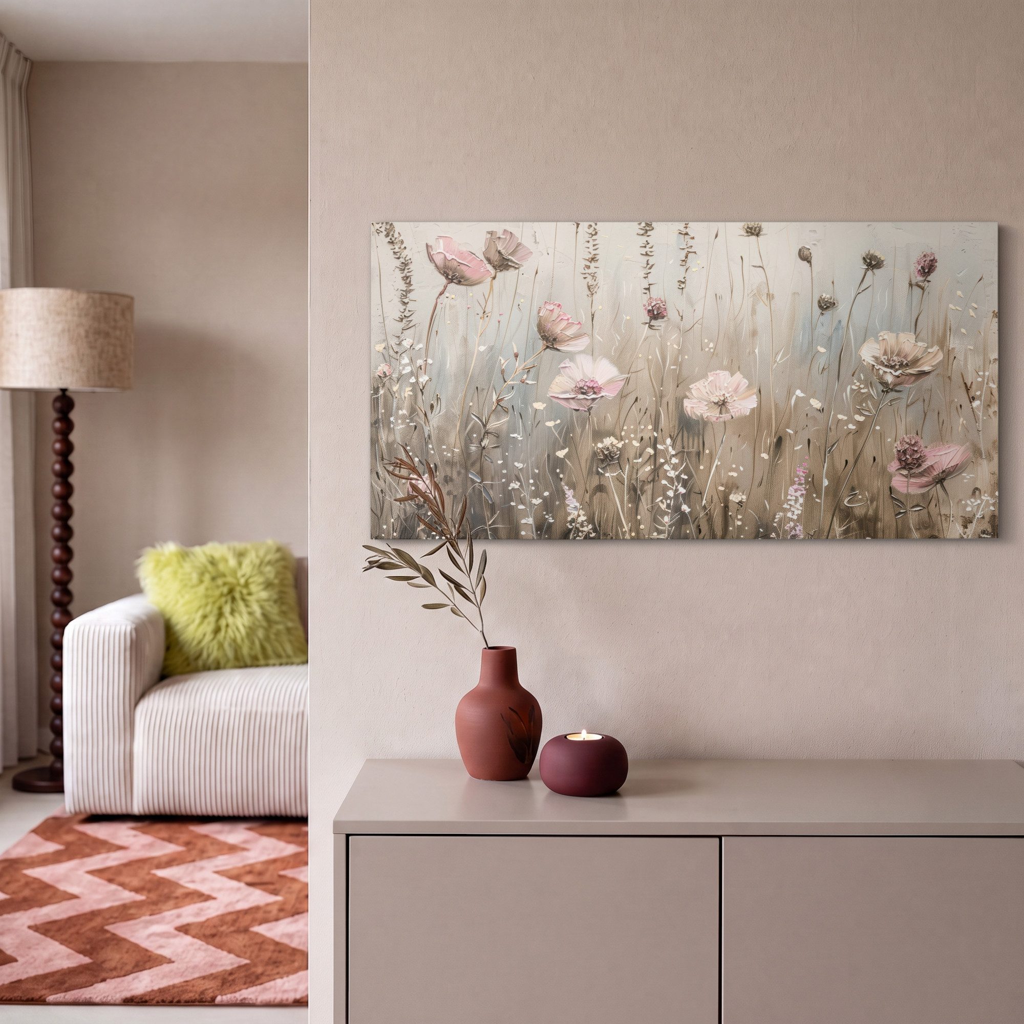 OneMillionCanvasses® Leinwandbild Panorama Blumen - Rosa - Modern - Beige, Fotodruck (1 St), Wandbild, Deko Schlafzimmer Wohnzimmer Flur 40x20 cm – Bild 2 von 5