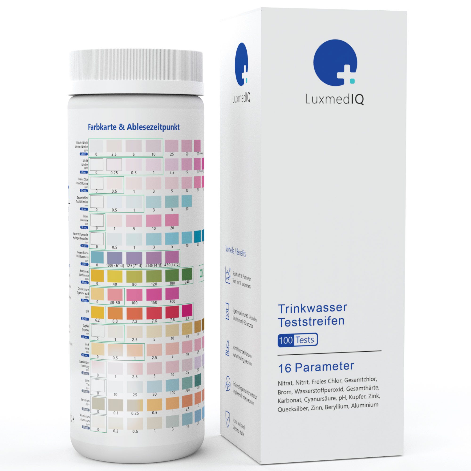 LuxmedIQ Trinkwassertest 16in1 Wassertester Trinkwasser Teststreifen zur Wasserqualitätsprüfung, 16 Messparameter, 100-tlg., Medizinische Präzision, Schneller Ergebnisse, Einfache Anwendung