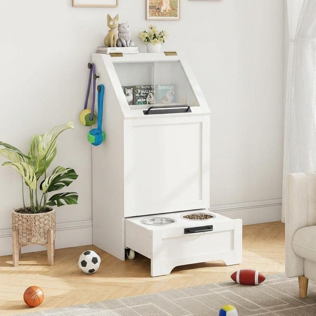 GarveeMore Futterstation Futterschrank Hunde mit 2 Edelstahlnäpfen Tierfutterschrank