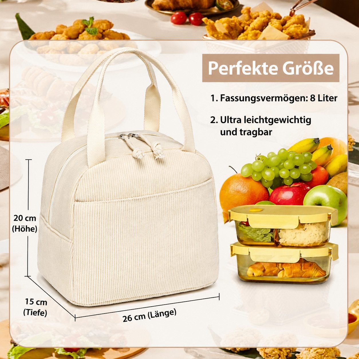 Agger Kühltasche Corduroy-Kühltasche, auslaufsichere isolierte Lunchtasche, geeignet für Reisen, Arbeit und Picknicks
