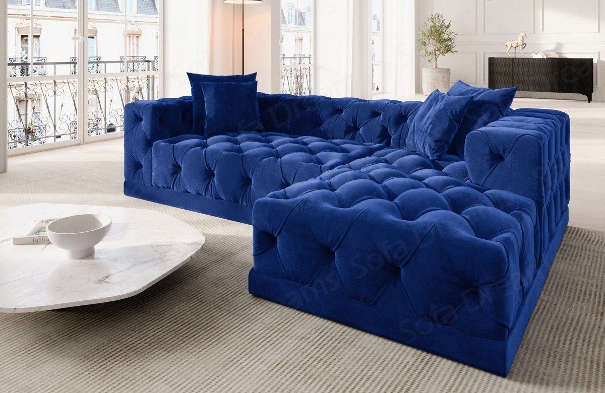 Sofa Dreams Ecksofa kurz Chesterfield Designer Stoffsofa, Polster Loungesofa, Sofa Samtstoff L Stil Form Palma dunkelblau77