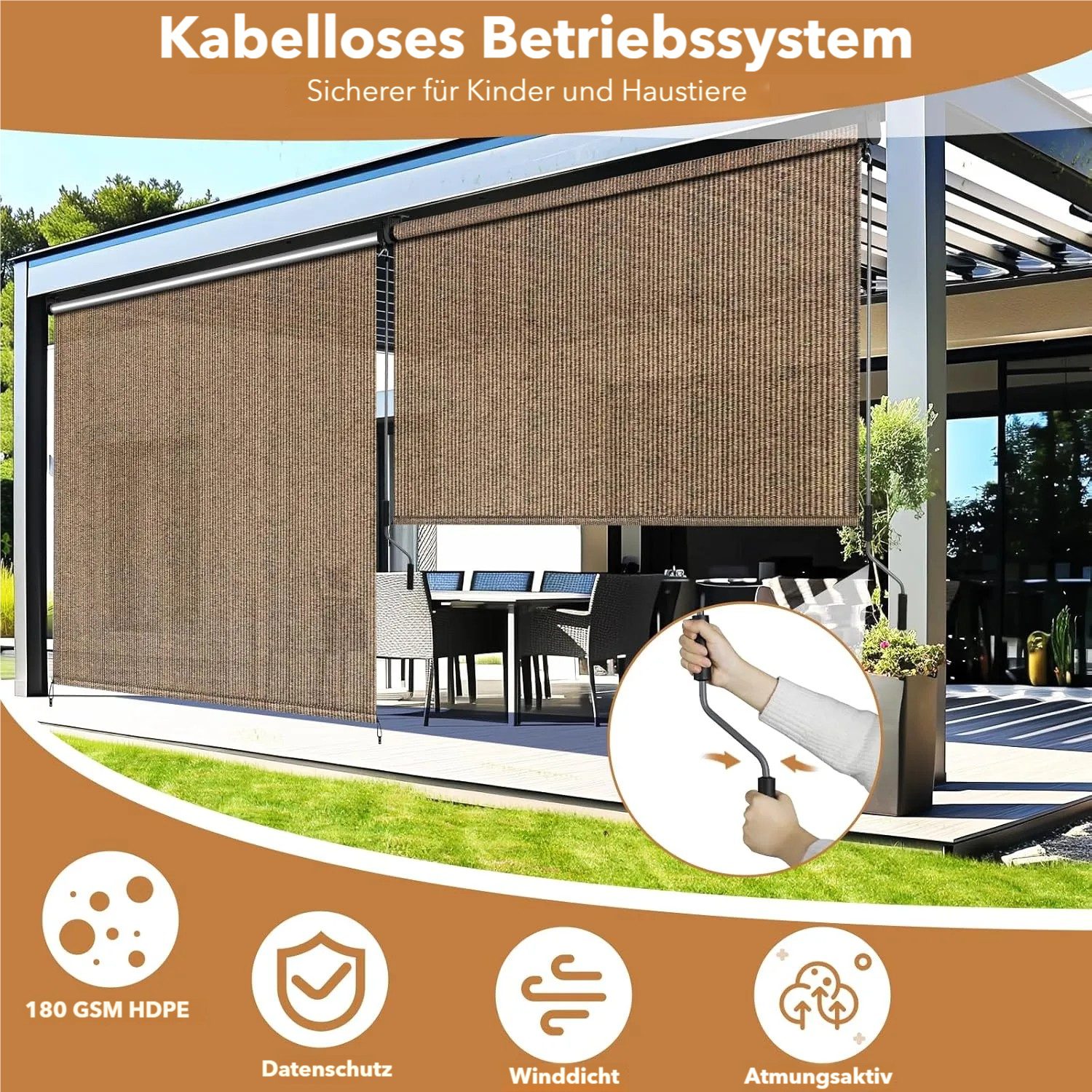TLGREEN Senkrechtmarkise Vertikalmarkise,HDPE-Schattentuch (für Terrassenpergola,Balkonmarkise, 1-St., Aluminiumrohr mit kabelloser Kurbelbedienung) für Balkon, – Bild 5 von 5