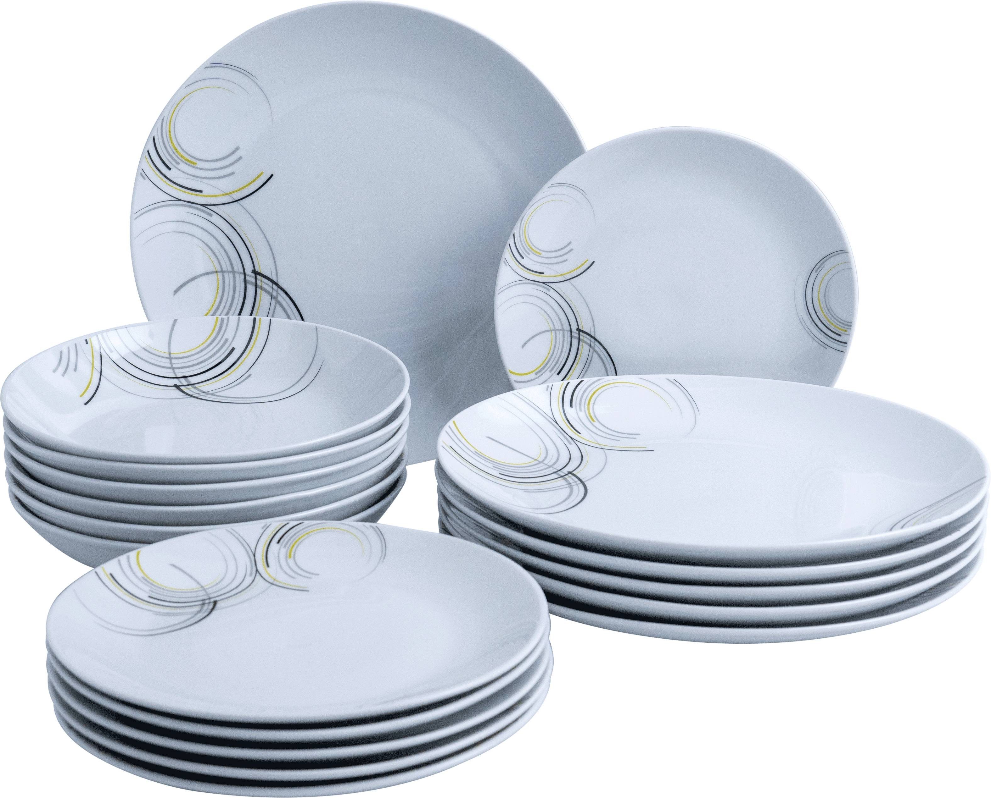 van Well Kombiservice Geschirr-Set Sera, 18-teilig (18-tlg), 6 Personen, Porzellan, rund, weiß mit Dekor, spülmaschinen- und mikrowellengeeignet