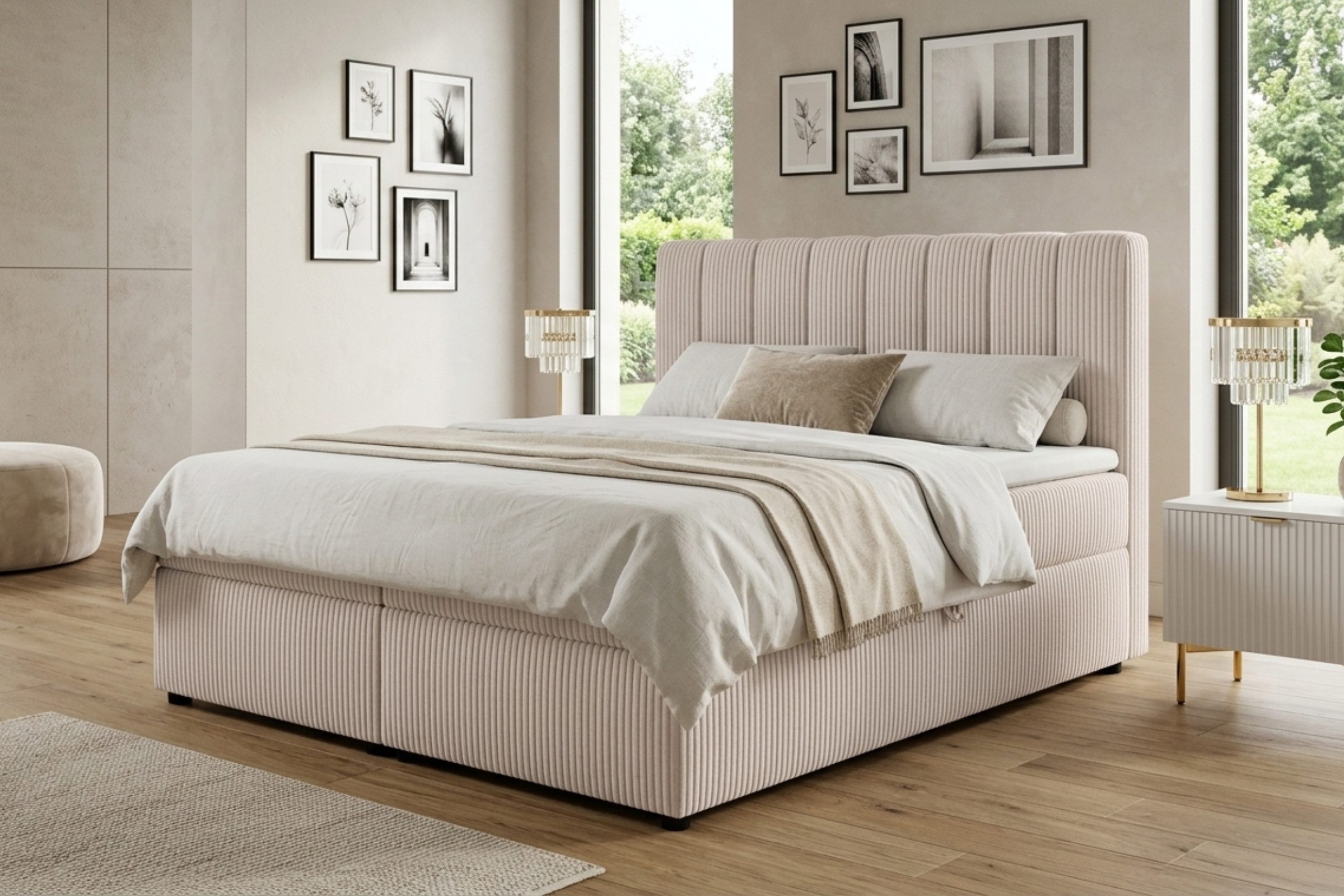 Deine Möbel 24 Boxspringbett VICTOR in Cord-Samt, inkl. 2 Bettkästen, Federkern-Matratzen (H3/H4) (Set, 1-St., Farben: Ecru Beige Creme Hellgrau Anthrazir Schwarz), Boxbett in 120x200 140x200 160x200 180x200 200x200