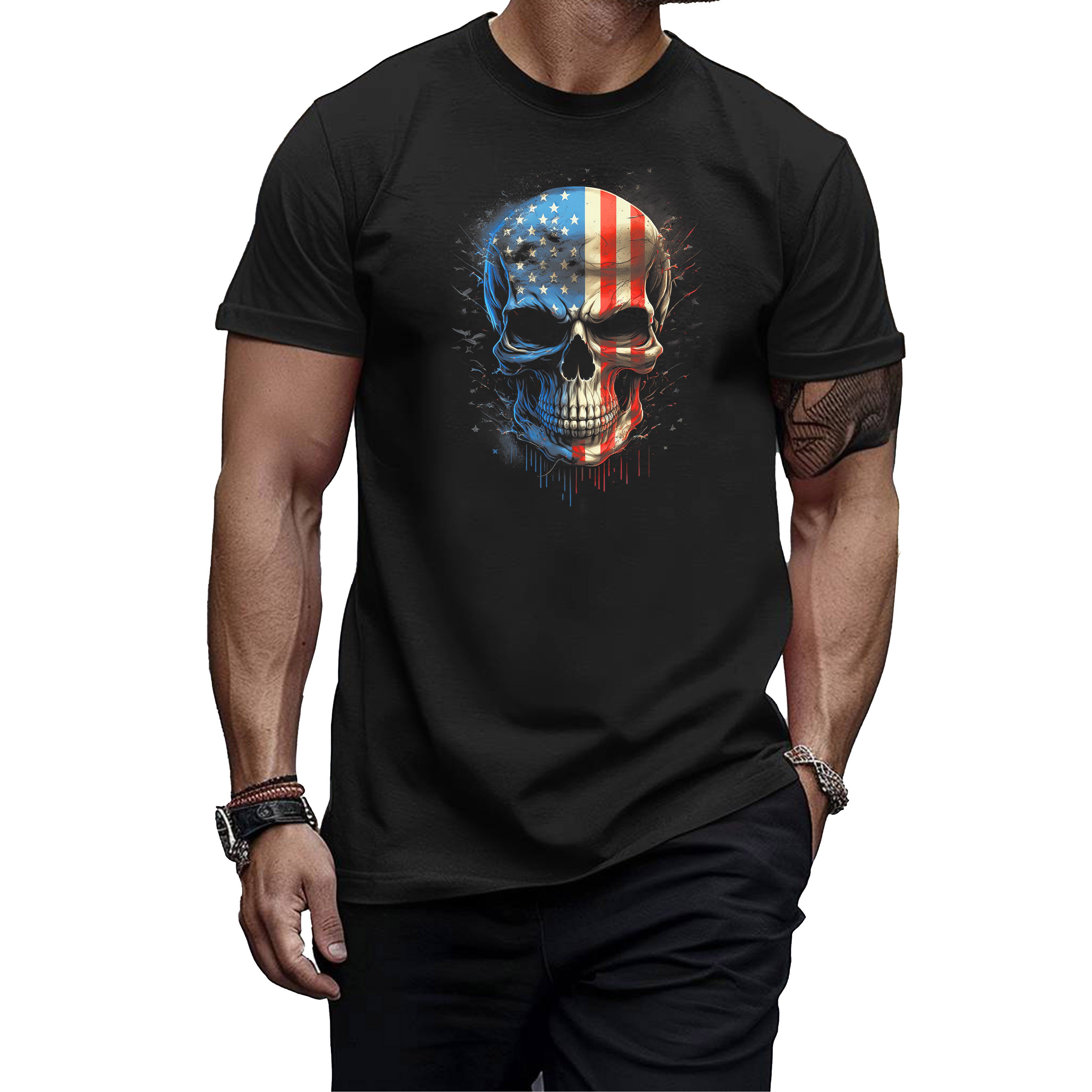 Banco T-Shirt Herren T-Shirt mit Totenkopf USA (30) Aufdruck aus 100% Baumwolle Unifarben