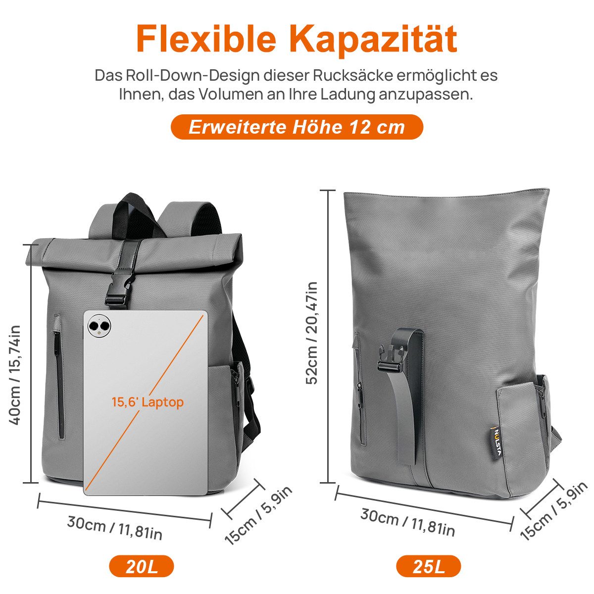 NULSTA Rucksack Rolltop Rucksack Wasserdicht Damen & Herren Daypack Freizeitrucksack, 30*15*40cm,Cityrucksack,Tourenrucksack,Schulrucksack