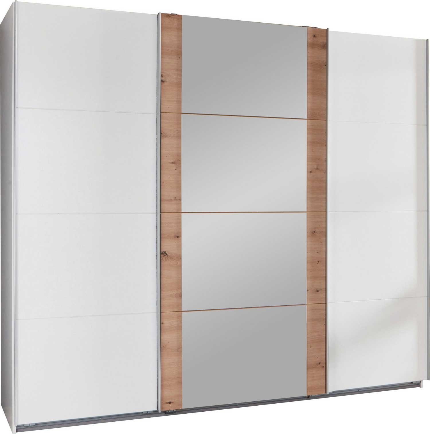 Wimex Schwebetürenschrank Bern (3 Türen, Einlegeböden, Kleiderstangen, Spiegel, 1-St., moderne Optik, Metallgriffleisten, mit Spiegel) 270x64x210cm Weiß Artisan Eiche