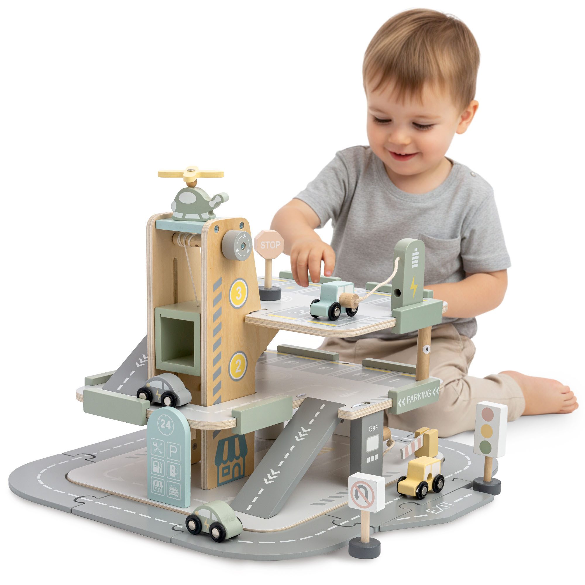 Mamabrum Kinderfahrzeug-Schienen 3-stöckige Holzgarage für Kinder – Parkhau günstig online kaufen
