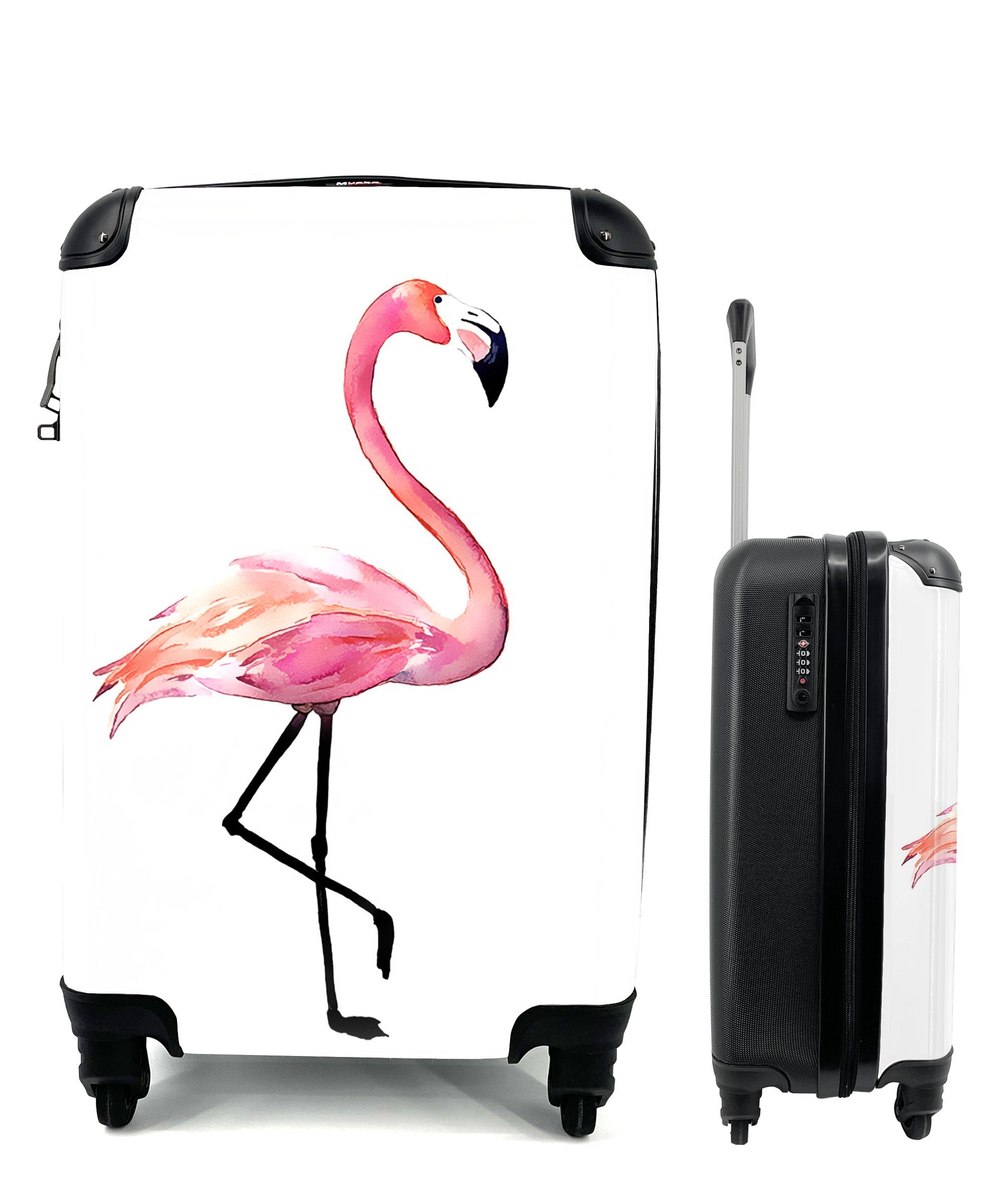 MuchoWow Handgepäckkoffer Zeichnung - Flamingo - Rosa, 4 Rollen, Reisetasche mit rollen, Handgepäck für Ferien, Trolley, Reisekoffer