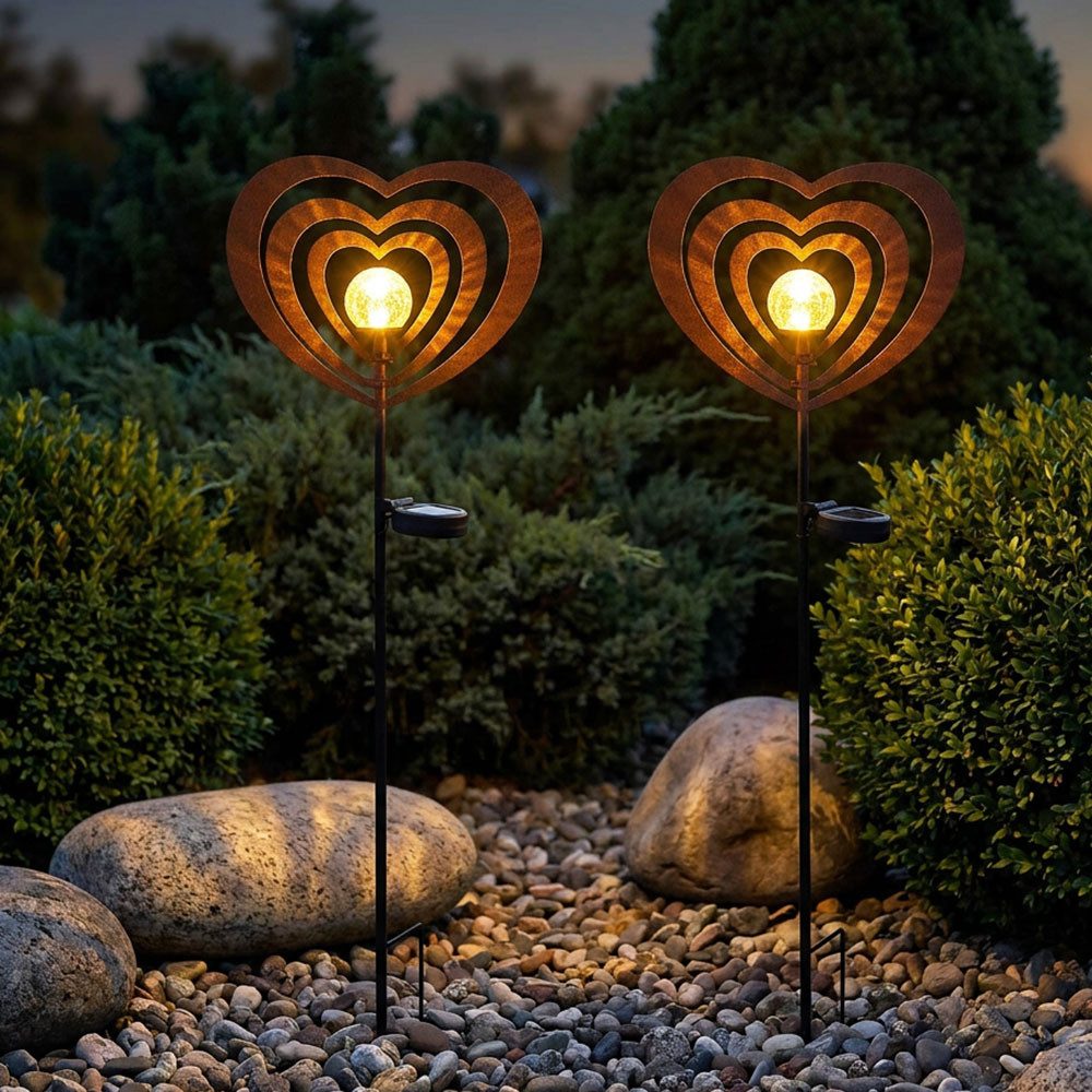 GLOBO LIGHTING LED Solarleuchte, LED-Leuchtmittel fest verbaut, Warmweiß, 2x LED Solarleuchte Gartenleuchte Metall rostfarben Glaskugel H 82 cm