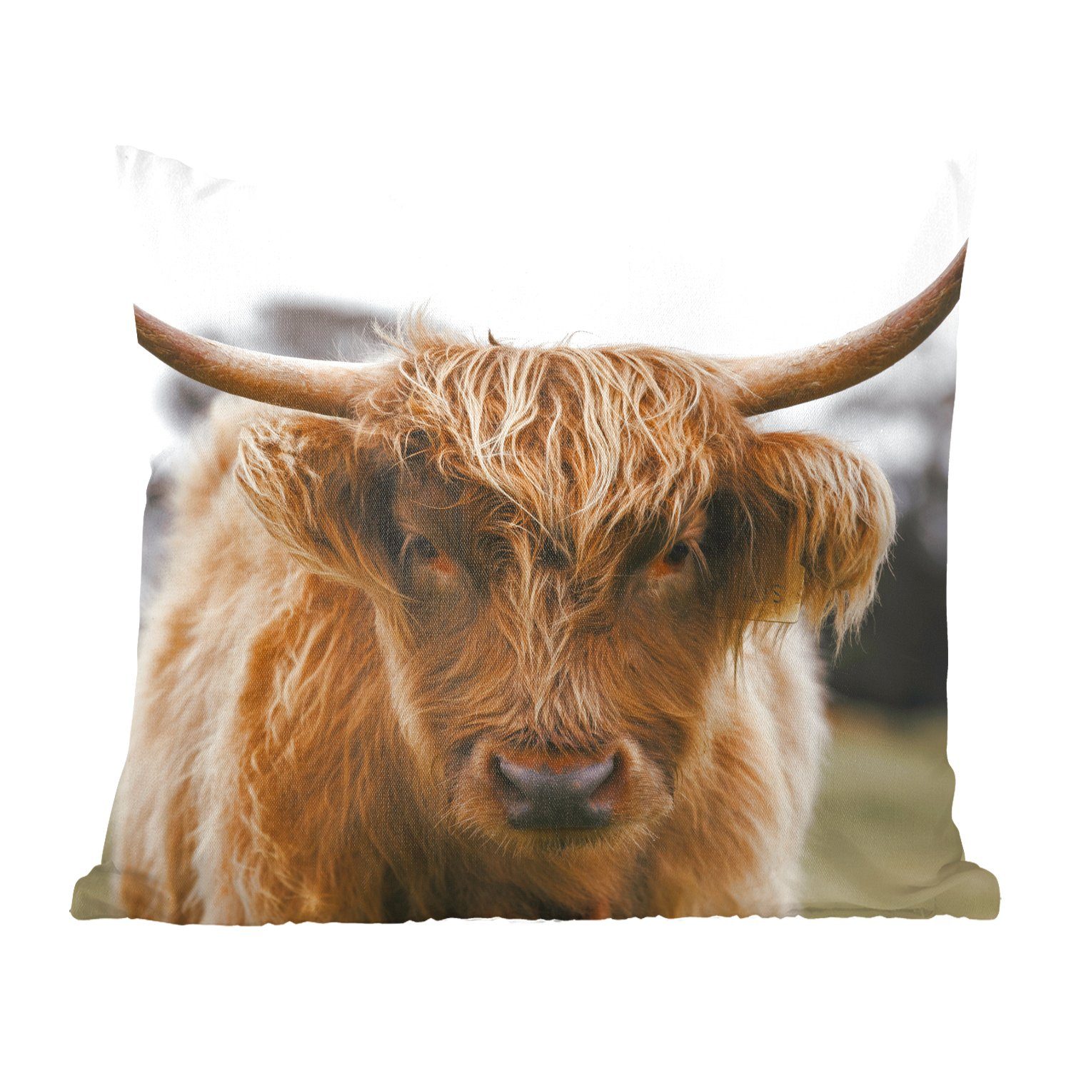 MuchoWow Dekokissen Schottischer Highlander - Kuh - Gras - Tiere - Natur, Zierkissen mit Füllung für Wohzimmer, Schlafzimmer, Deko, Sofakissen