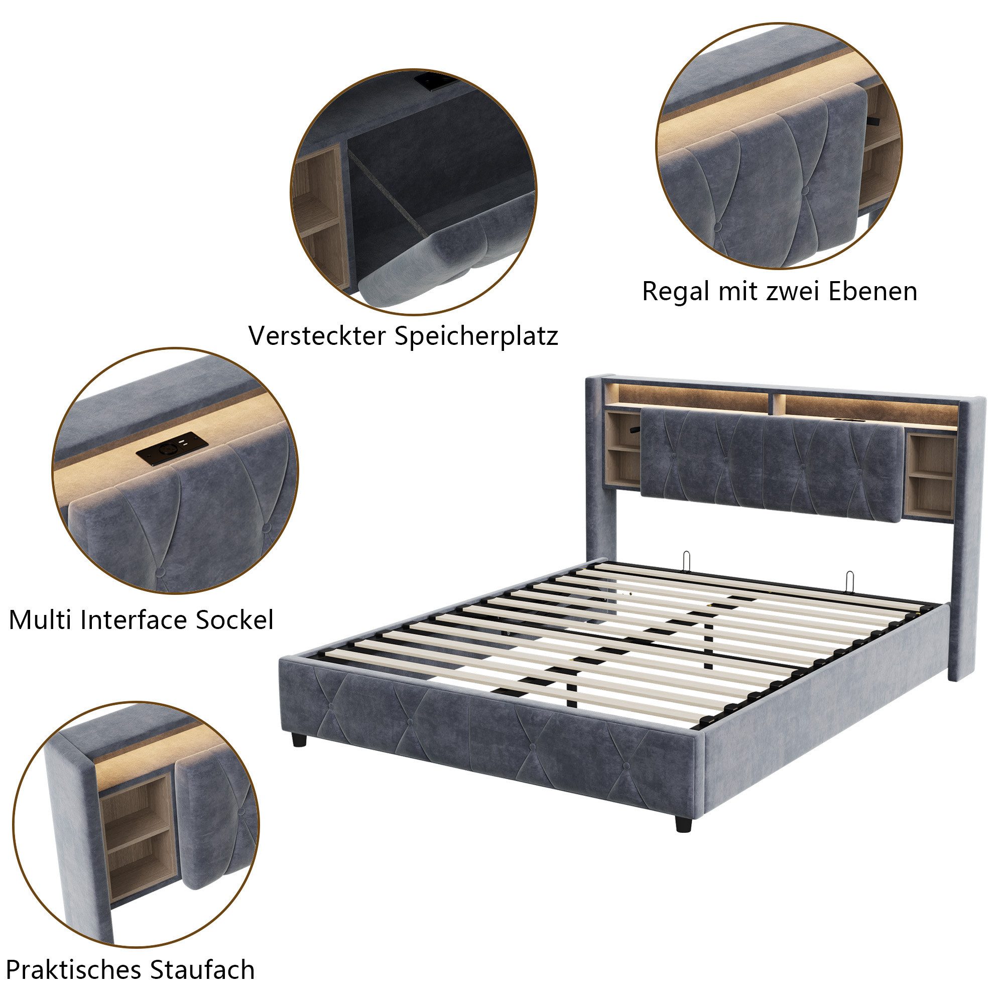 PXloue Stauraumbett Polsterbett LED hydraulisches Doppelbett, mit versteckt günstig online kaufen