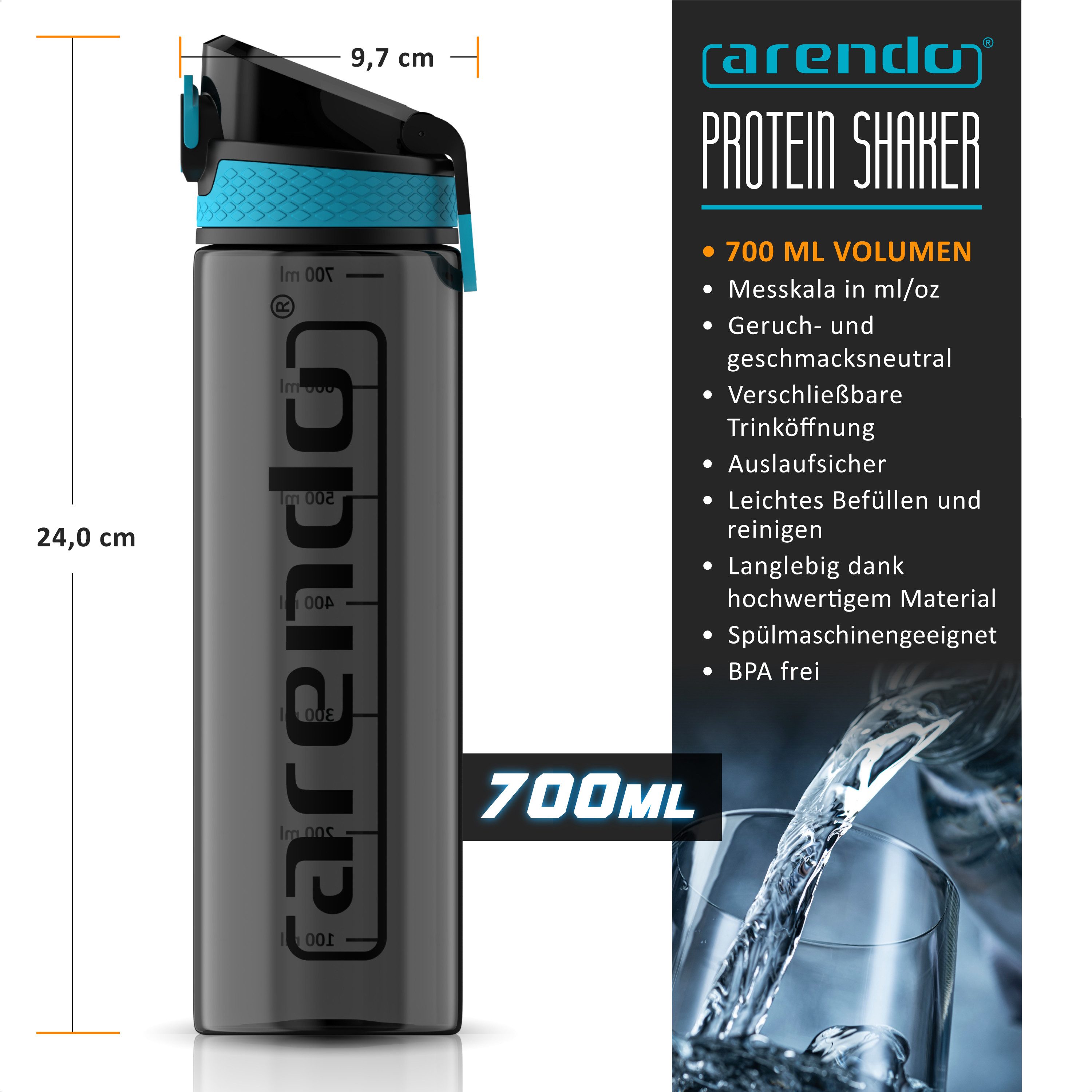 Arendo Trinkflasche Sport Wasserflasche 700 ml, verschließbar, spülmaschinengeeignet, BPA-frei, auslaufsicher, One-Click-Verschluss, Mengenskala, Flasche