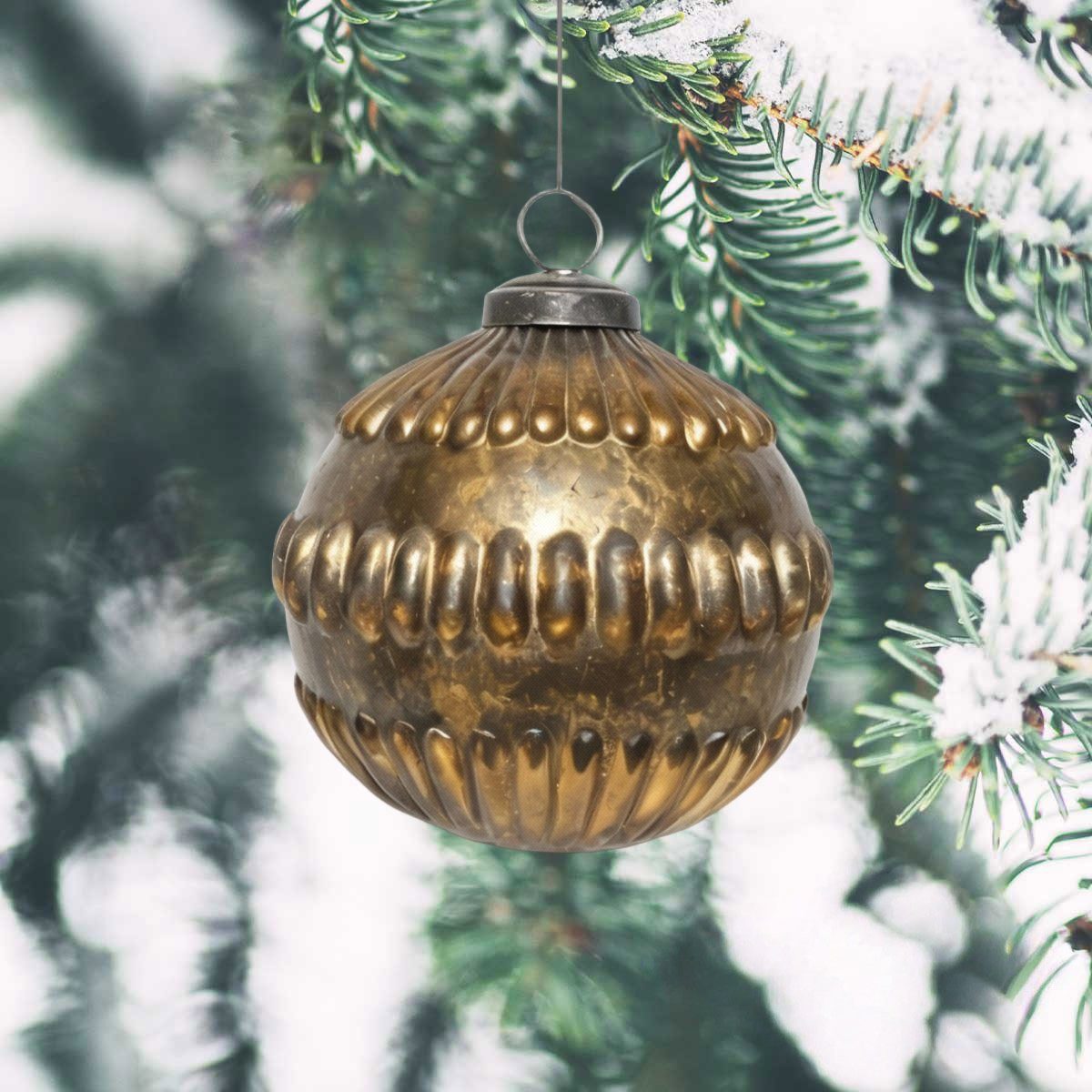 Antikas Weihnachtsfigur Premium Weihnachtskugel aus Glas rund, antik-messing, gerillt, 6er