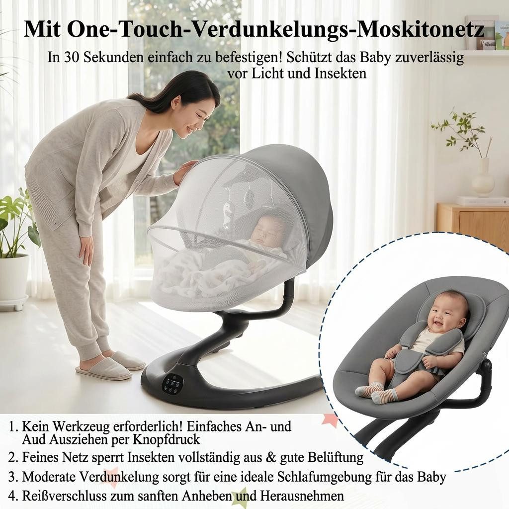 GarveeMore Babywippe Elektrische Babywippe mit Spielzeug, Babywippe mit Sicherheitsgurt, Bequeme Babyschaukel mit Hängespielzeug, Sicherheitsgurt – Bild 3 von 5