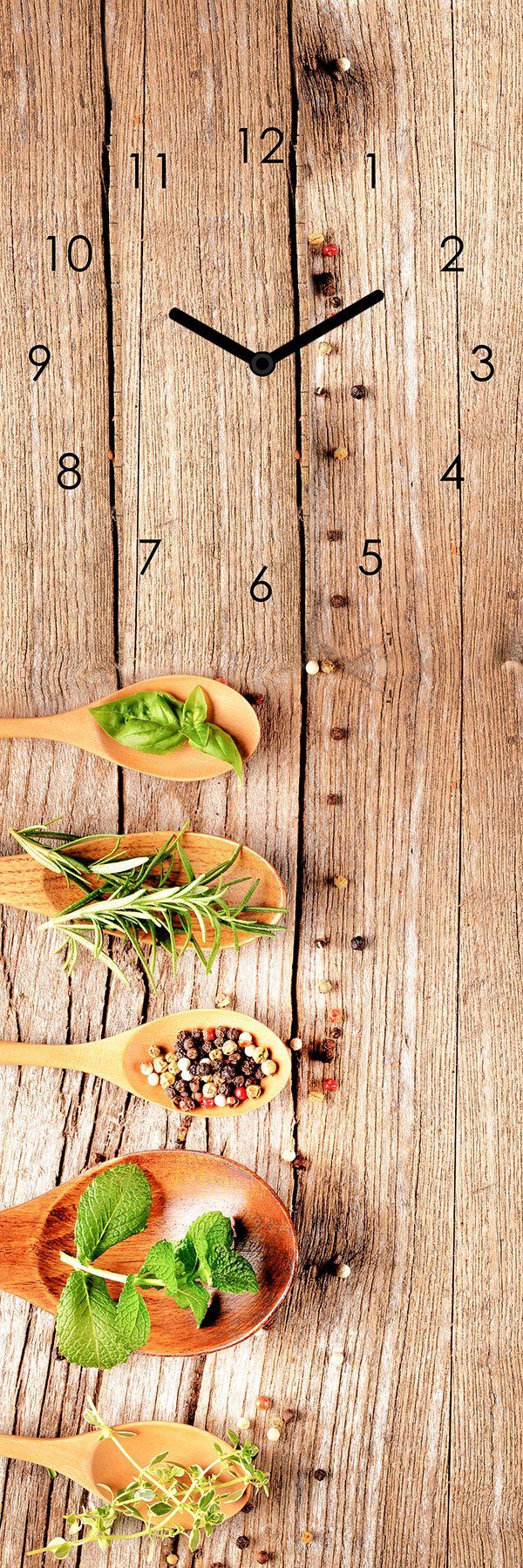 Levandeo® Wanduhr (Wanduhr Glas 20x60cm Kräuter Gewürze Löffel Uhr Glasbild günstig online kaufen