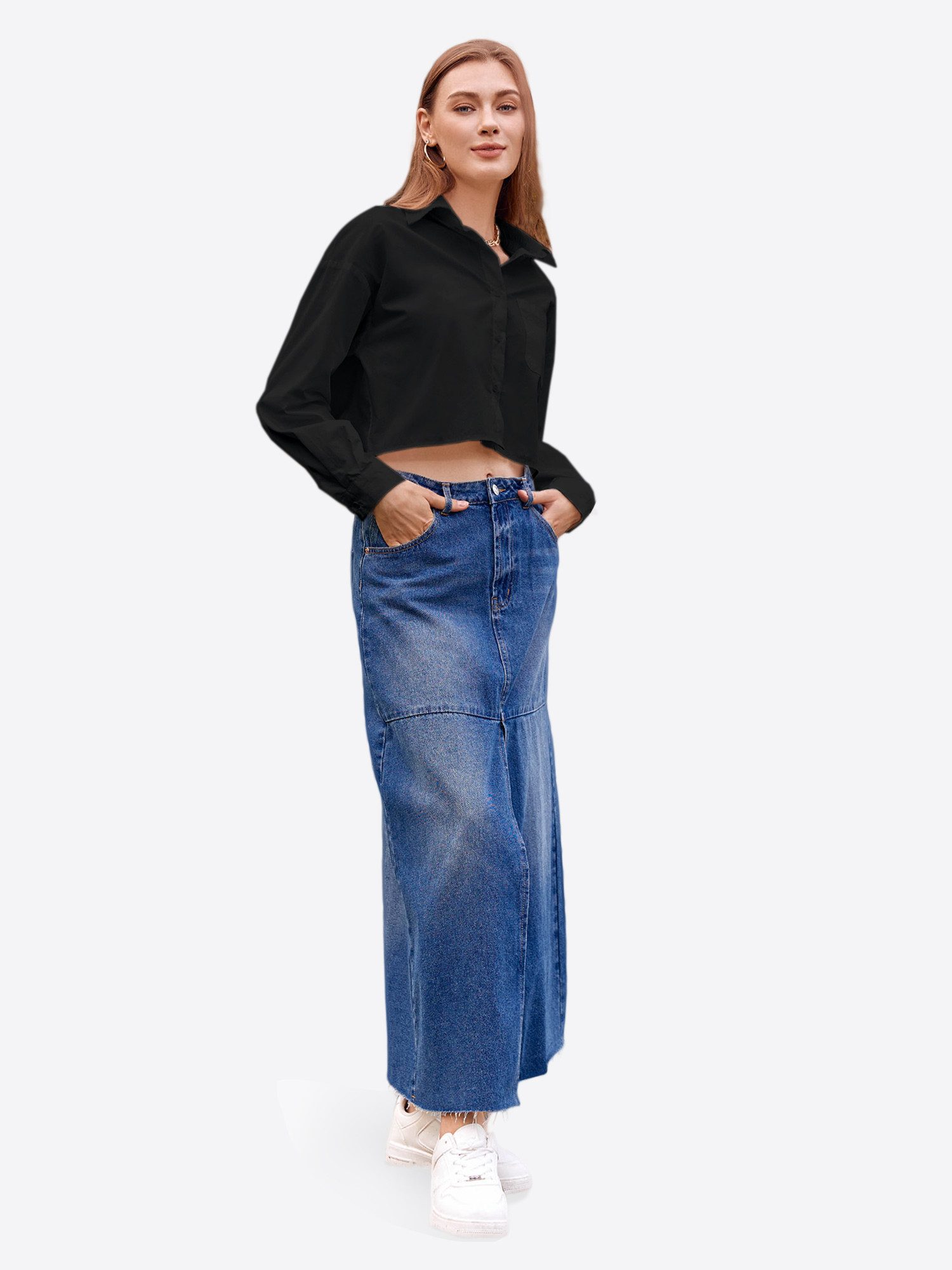 Imily Bela Blusenshirt Damen Cropped Shirt Casual Oberteil (Packung, 1-tlg., 1per-Pack) aus Baumwolle mit Hemdkragen und Knopfleiste