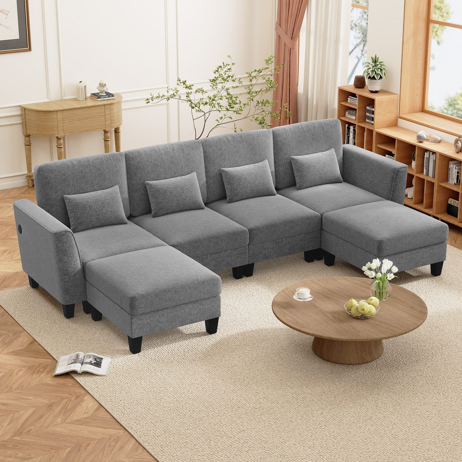 COSTWAY Ecksofa, mit Schlaffunktion & USB- & Type-C-Anschlüssen, L-Form beige