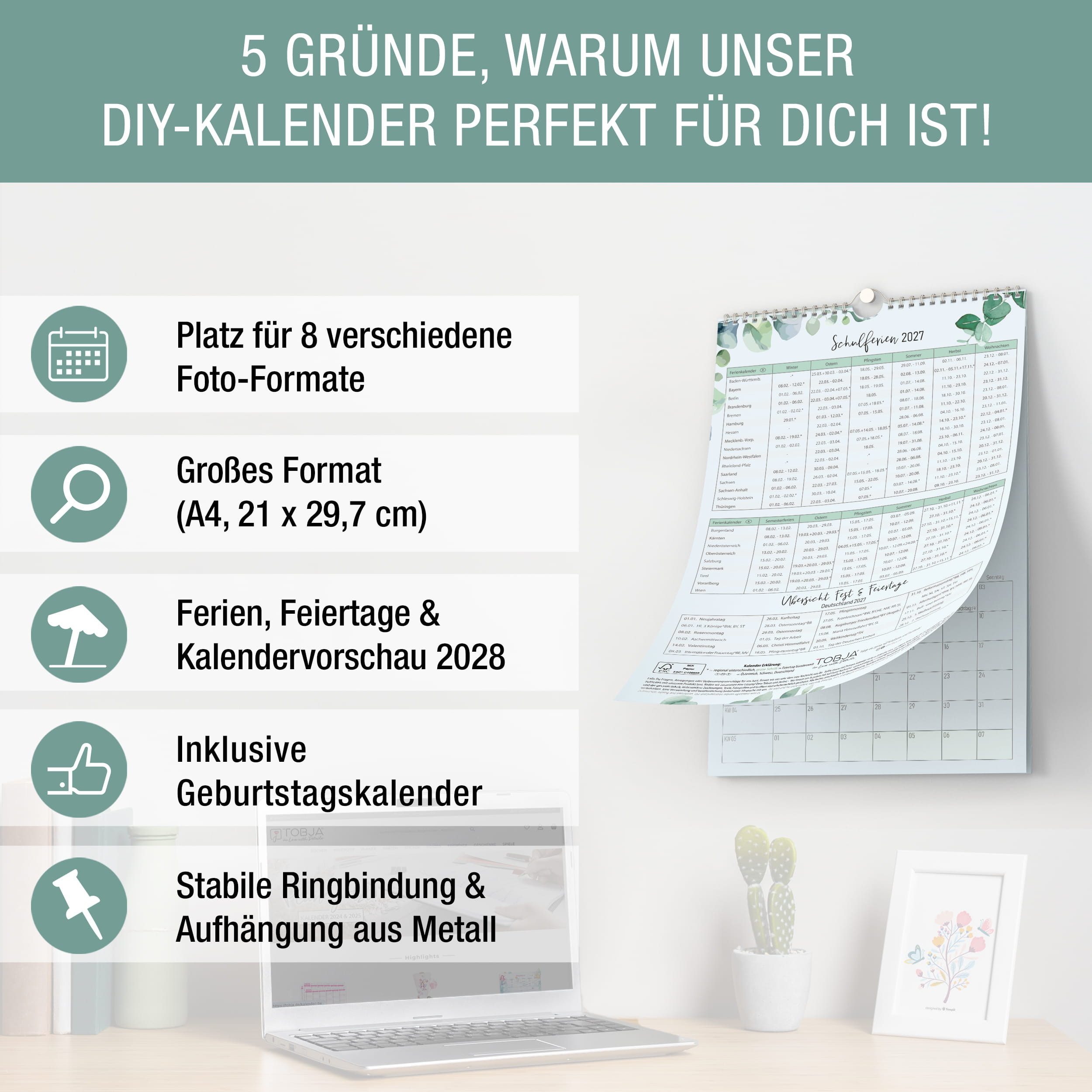 TOBJA Kalender zum Selbstbasteln DIY Foto-Kalender 2027 A4 Eukalyptus Botanical Bastelkalender FSC, Eukalyptus, 250g FSC, klimaneutral, Cover-Foto 13x17cm, Vorschau 2028