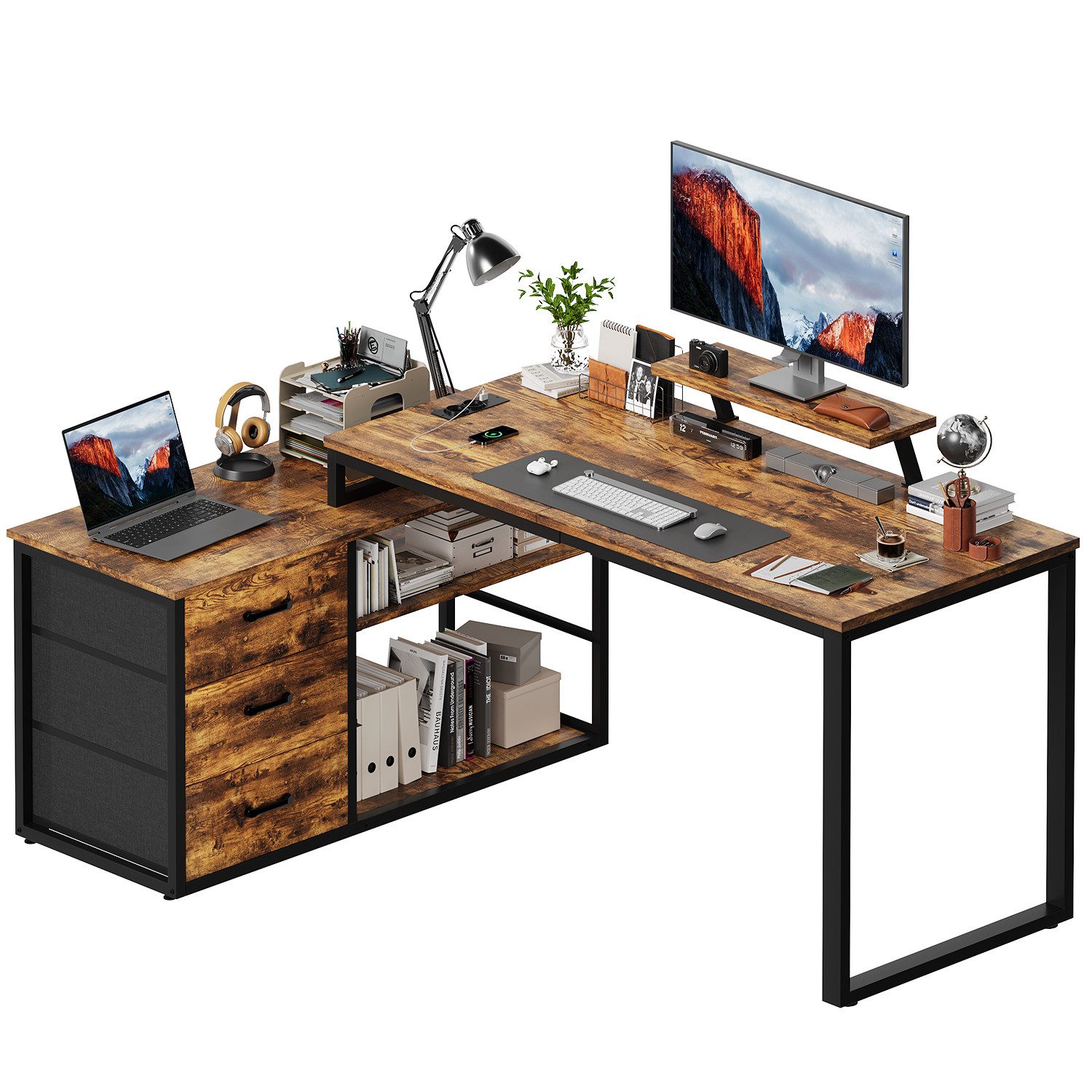 HOMALL Schreibtisch L-förmiger Eckschreibtisch mit USB-Anschluss und zwei S günstig online kaufen