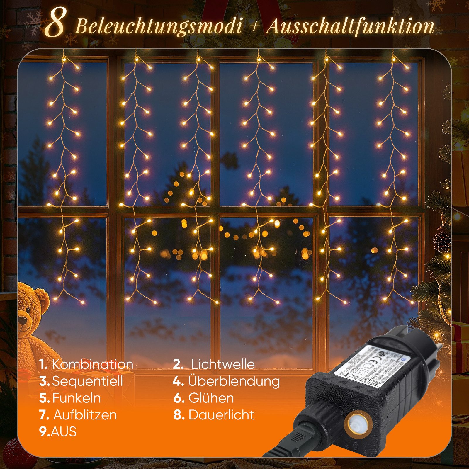 Salcar LED-Lichterkette 300er LED Eisregen Lichterkette Fenster Kupferdraht LED Lichtervorhang, 300-flammig, 3m x 1m Cluster Lichterkette Außen mit 8 Modi, Time – Bild 3 von 5
