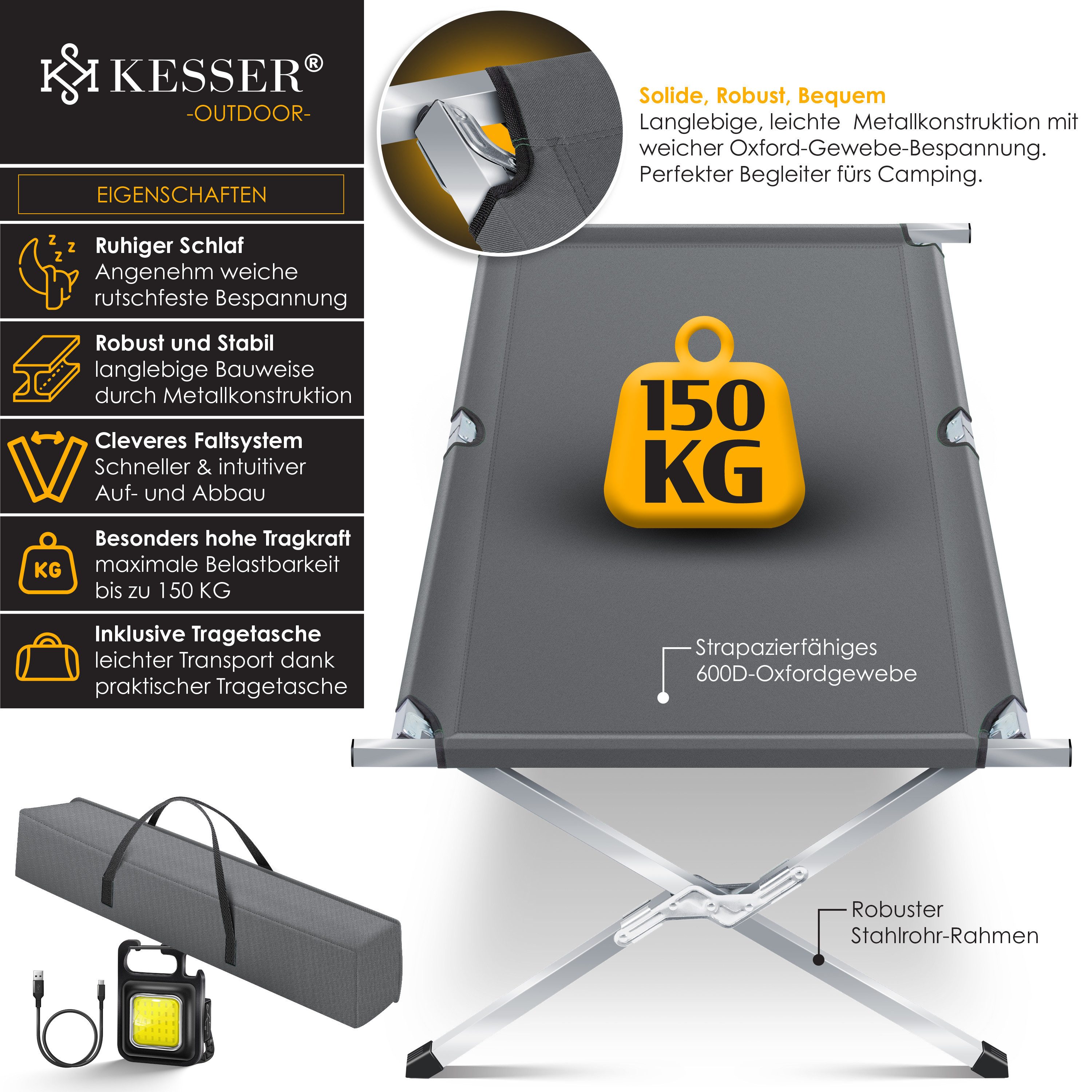 KESSER Bett, Campingbett Klappbett Inkl.Tragetasche und Seitentasche Stab