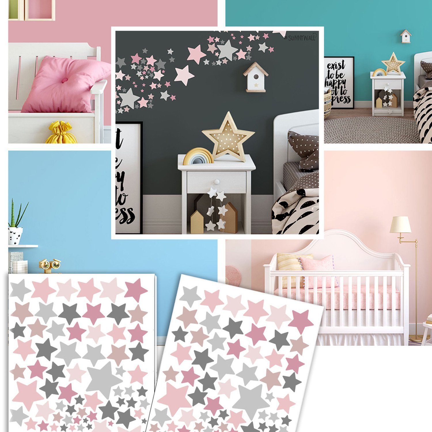Sunnywall Wandtattoo Sterne Aufkleber Stars Wandsticker bunt, Sternenhimmel Wandtattoo, konturgeschnitten