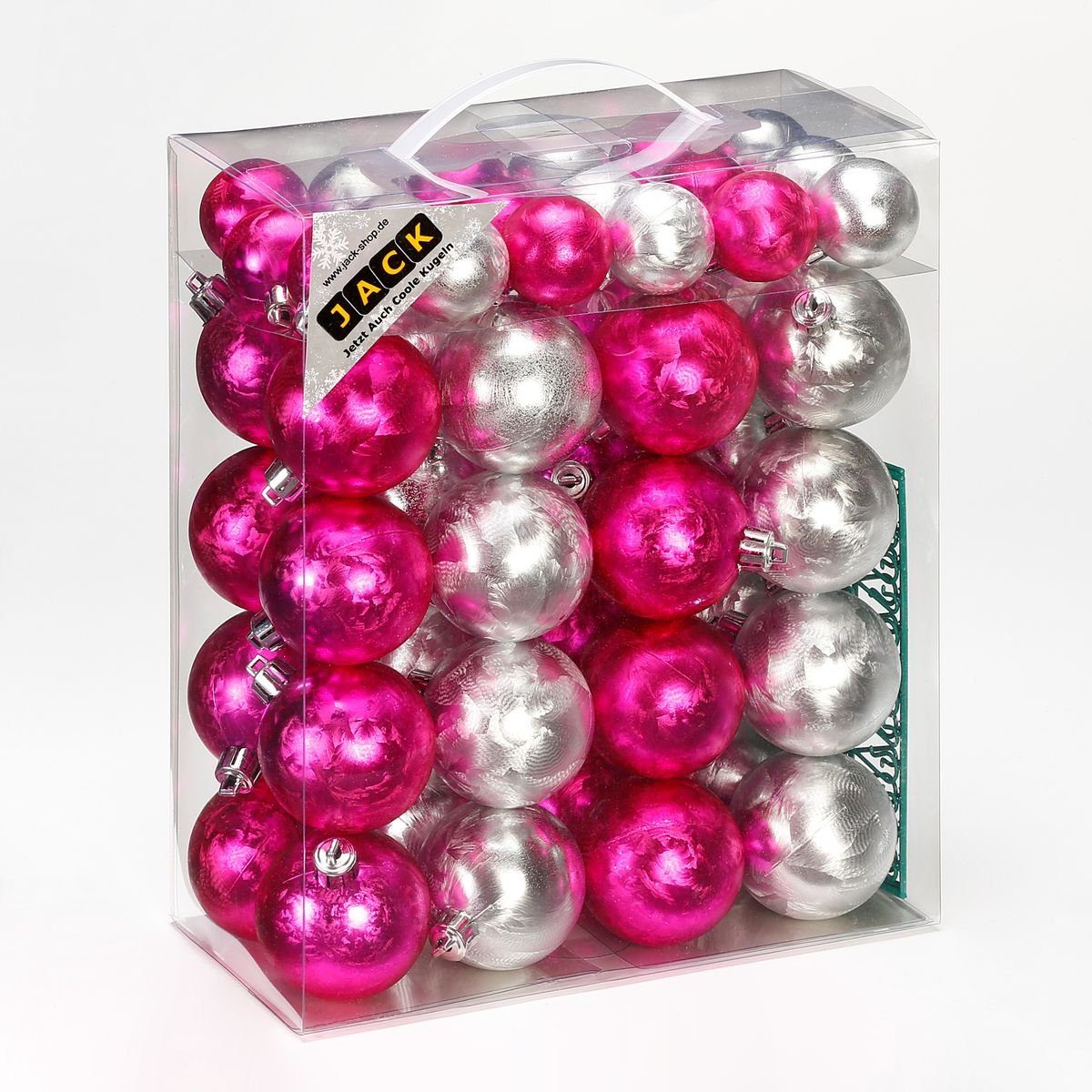 JACK Christbaumschmuck JACK by Inge 50x Kunststoff Kugeln Eislack Pink Silber Christbaumkugel, inkl. Haken, Kugel-Set mit Eislackeffekt aus Kunststoff Ø 4+6cm