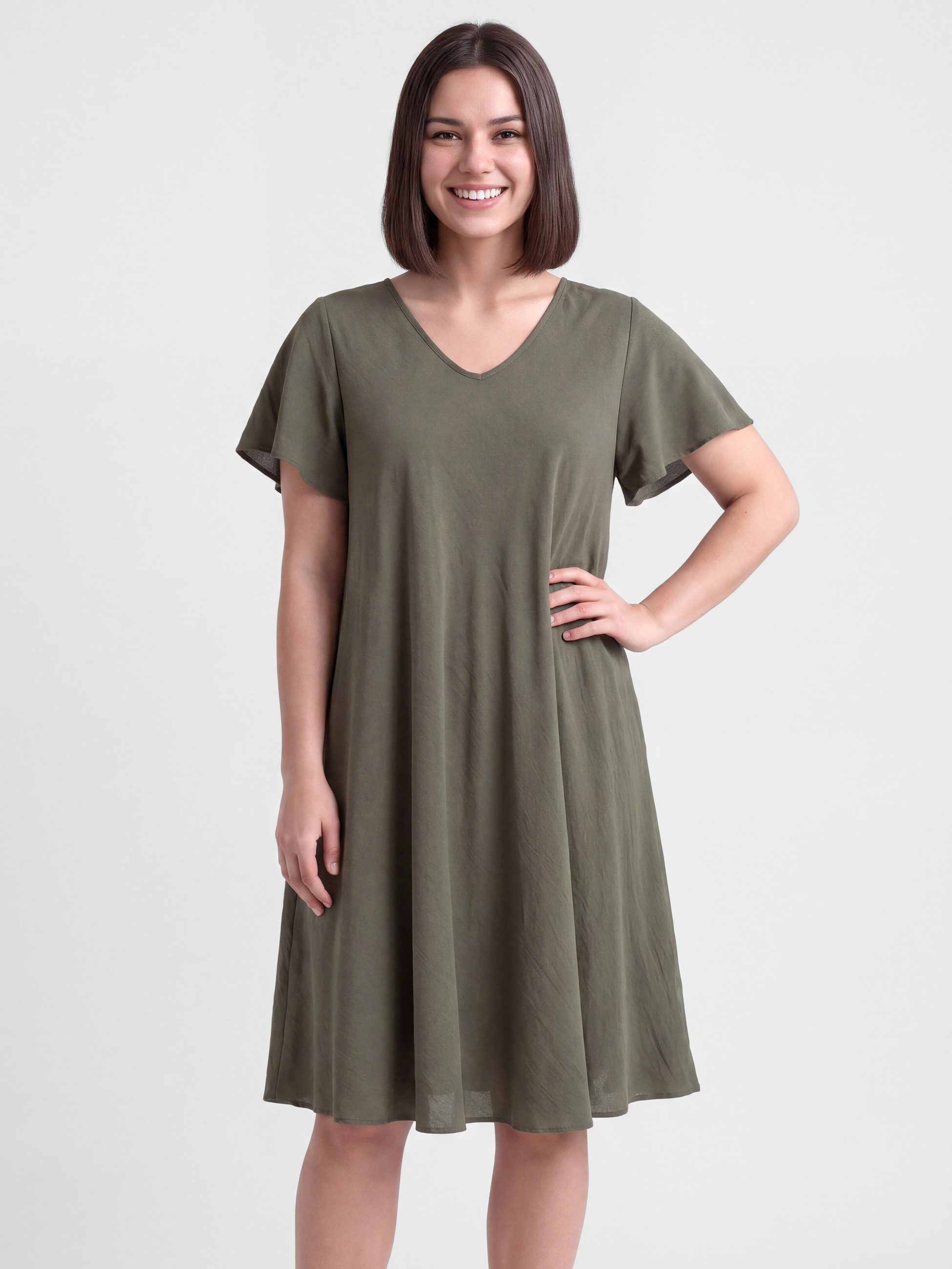 PEKIVESSA Sommerkleid Knielanges Freizeitkleid in Glockenform mit V-Ausschnitt mit verspielten Flügelärmeln
