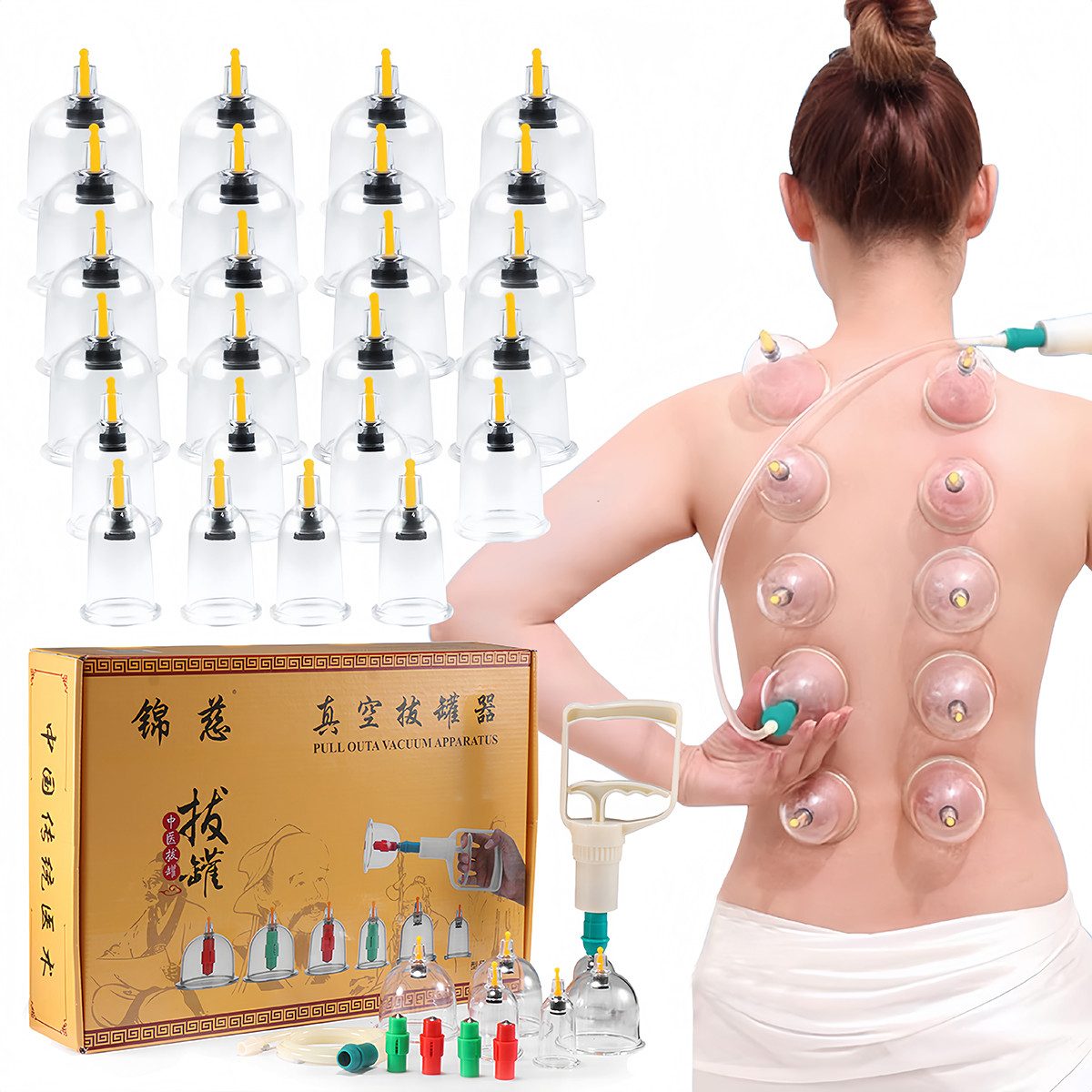 BlingBin Vakuum-Massager Vakuum Schröpfset mit 32 tlg Schröpfgläser Cupping Pumpe Schröpfset, 1er Set 32-tlg., 32tlg, Für Schmerzen Gelenke Faszien Cellulite Schröpfgläser Vakuumpumpe