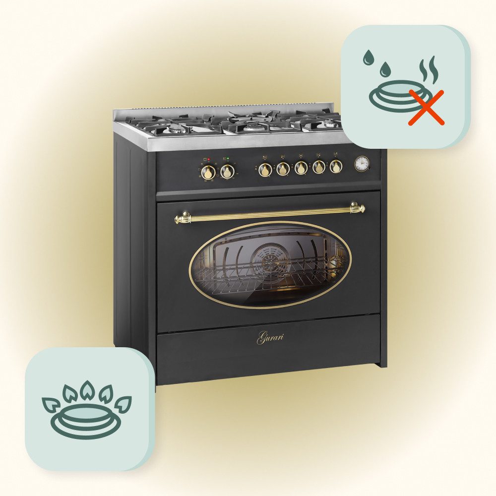 GURARI Gas-Standherd Retro Gas Elektro Standherd 90 cm Range Coocker 121L +Dunstabzugshaube, 90cm, 910 m³/h GCH E 914 BL r+A 9315 Em ECO, mit 1-fach-Teleskopauszug