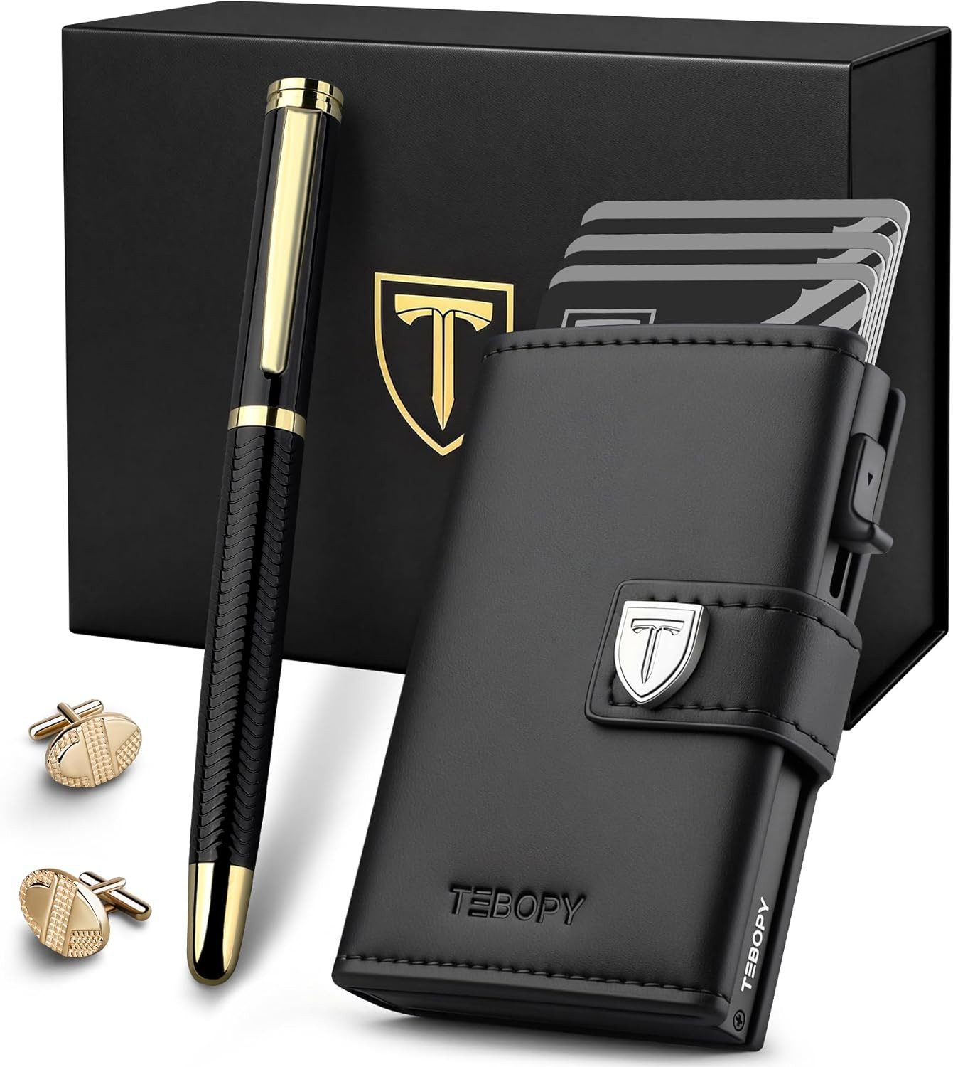 Ophy Geldbörse Herren Portemonnaie Set – Slim Wallet mit RFID-Schutz & Münzfach (Kugelschreiber + Manschettenknöpfe), für 10 Karten – Premium Geschenkset