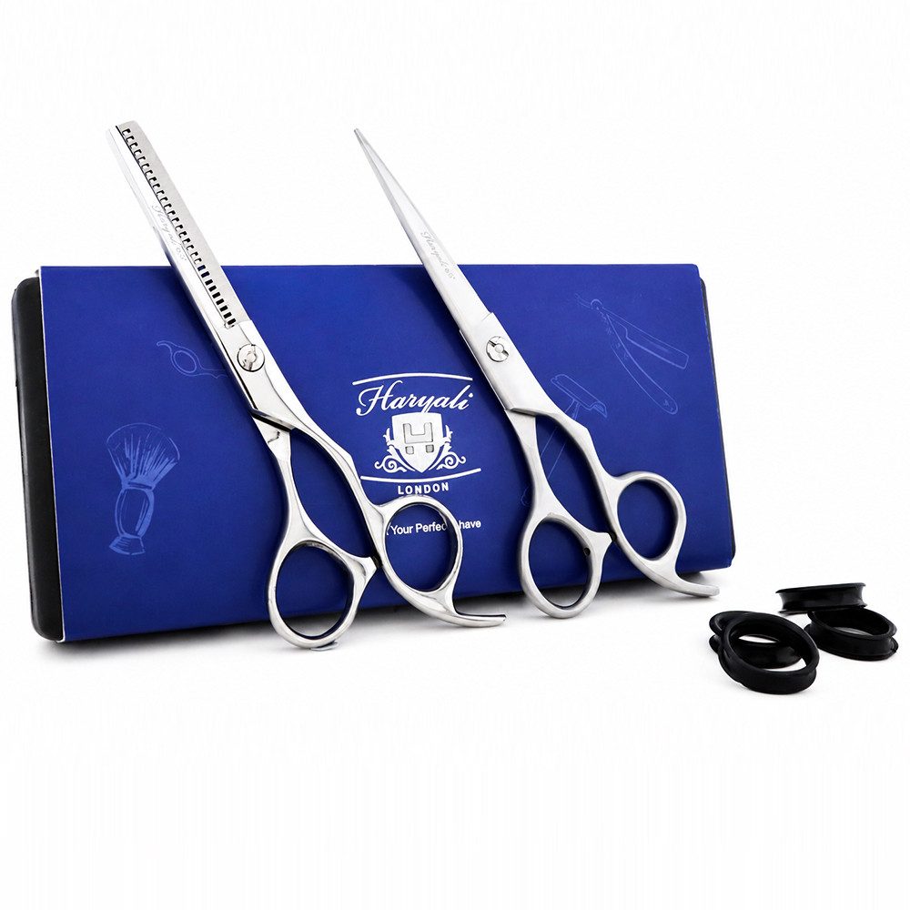 Haryali London Haarschere Friseurschere-Set, 16,5 cm, professionell, Edelstahl, mit Etui, silber, (2-teiliges Scheren-Set zum Schneiden und Ausdünnen), Scherensets für Friseursalons und Kosmetikstudios.