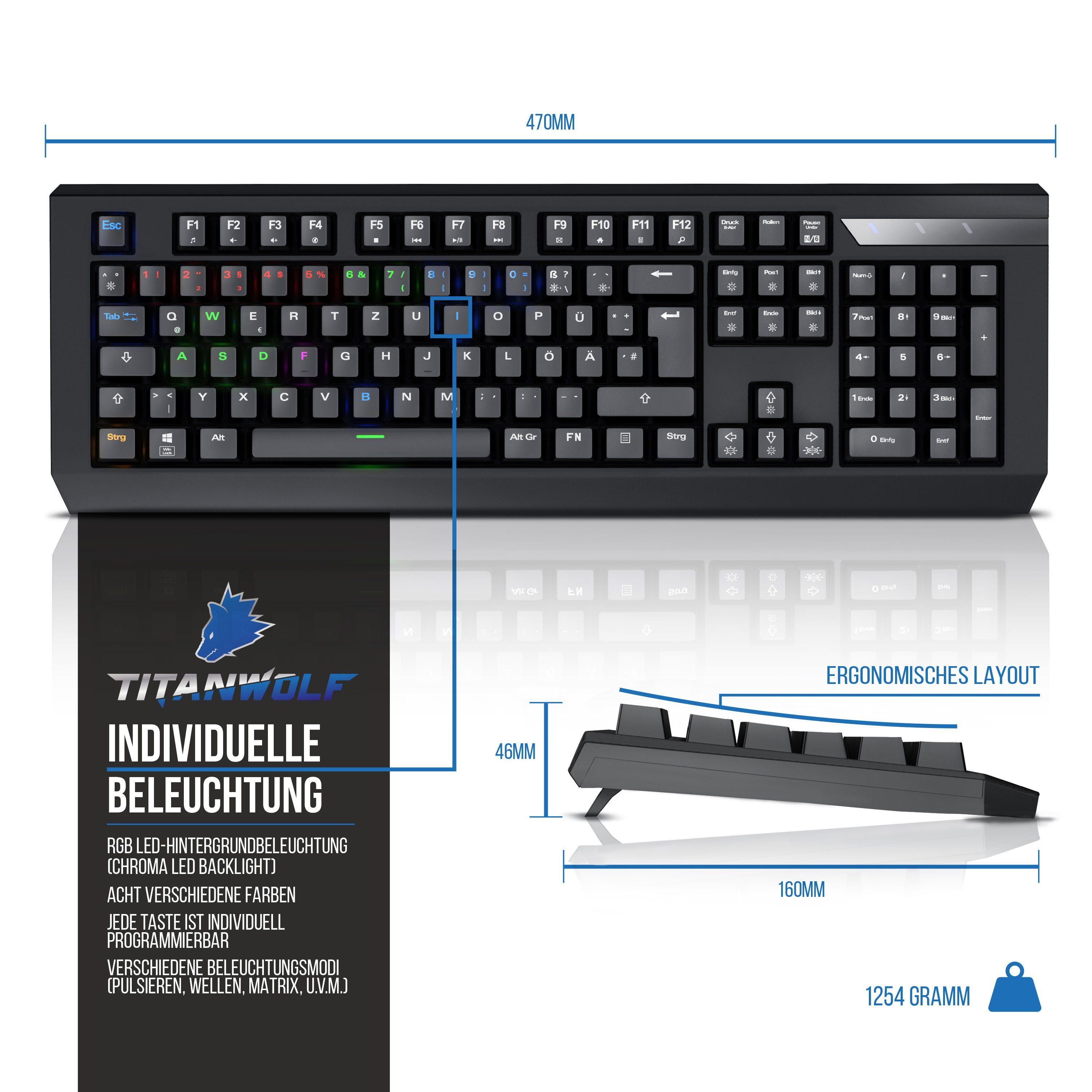 Gaming-Tastatur (mechanische Tastatur Beleuchtung) / LED Titanwolf RGB „Imperial“ Deutsches-Layout