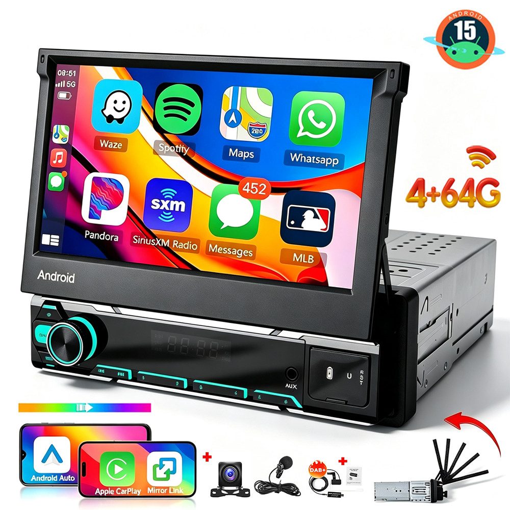 ESSGOO DAB+ 4+64G 1 DIN 7 Zoll Flip Out Android 15 Carplay Autoradio GPS WIFI Autoradio (Apple Carplay Android Auto GPS Navi WIFI BT EQ)
