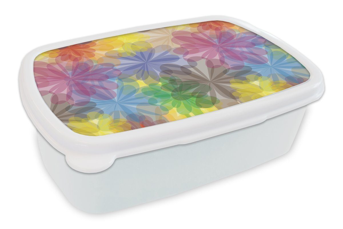 MuchoWow Lunchbox Regenbogen - Blumen - Abstrakt - Muster, Kunststoff, (2-tlg), Brotbox für Kinder und Erwachsene, Brotdose, für Jungs und Mädchen weiß