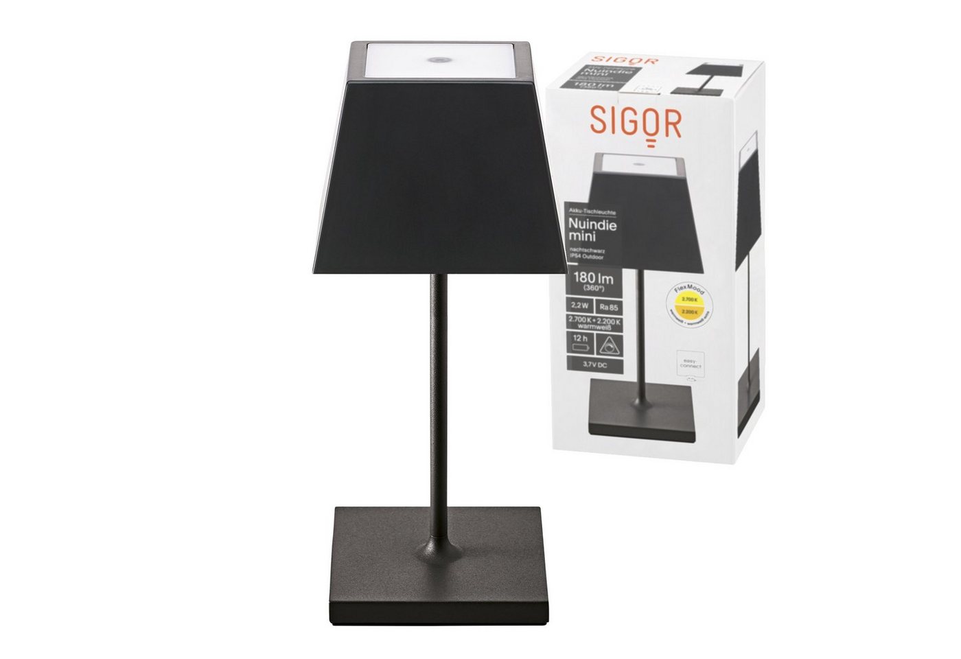 SIGOR LED Tischleuchte Tischleuchte NUINDIE Mini Nachtschwarz eckig, Dimmbar, 1 LED Platine, 2700