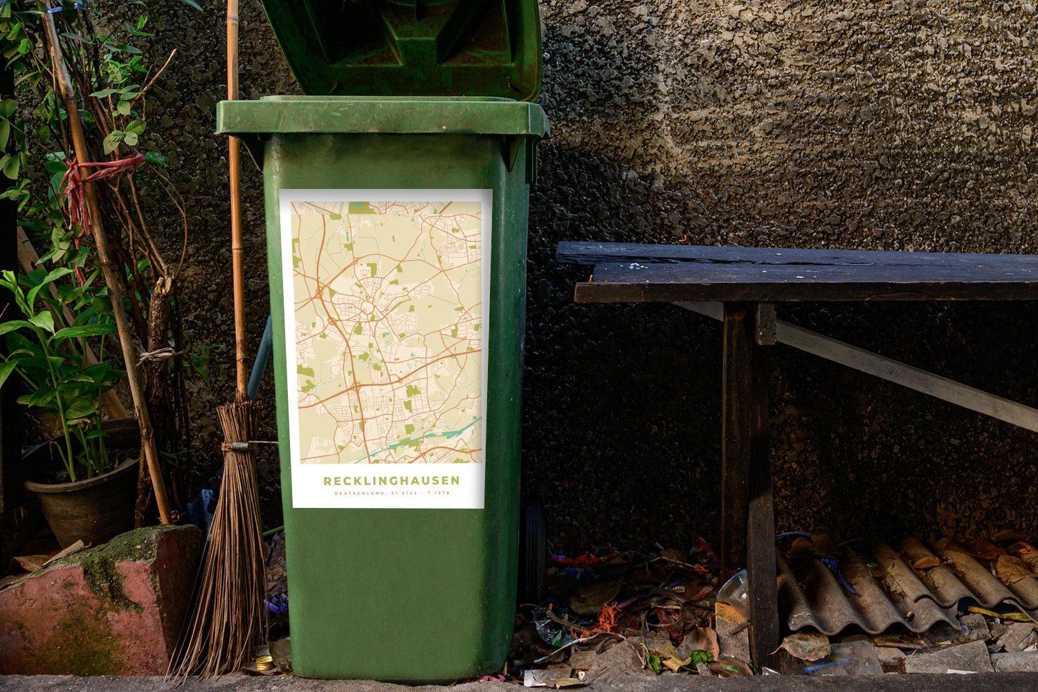 - - MuchoWow Sticker, Karte Container, Vintage - Mülltonne, Mülleimer-aufkleber, St), - Karte Stadtplan (1 Abfalbehälter Recklinghausen Wandsticker