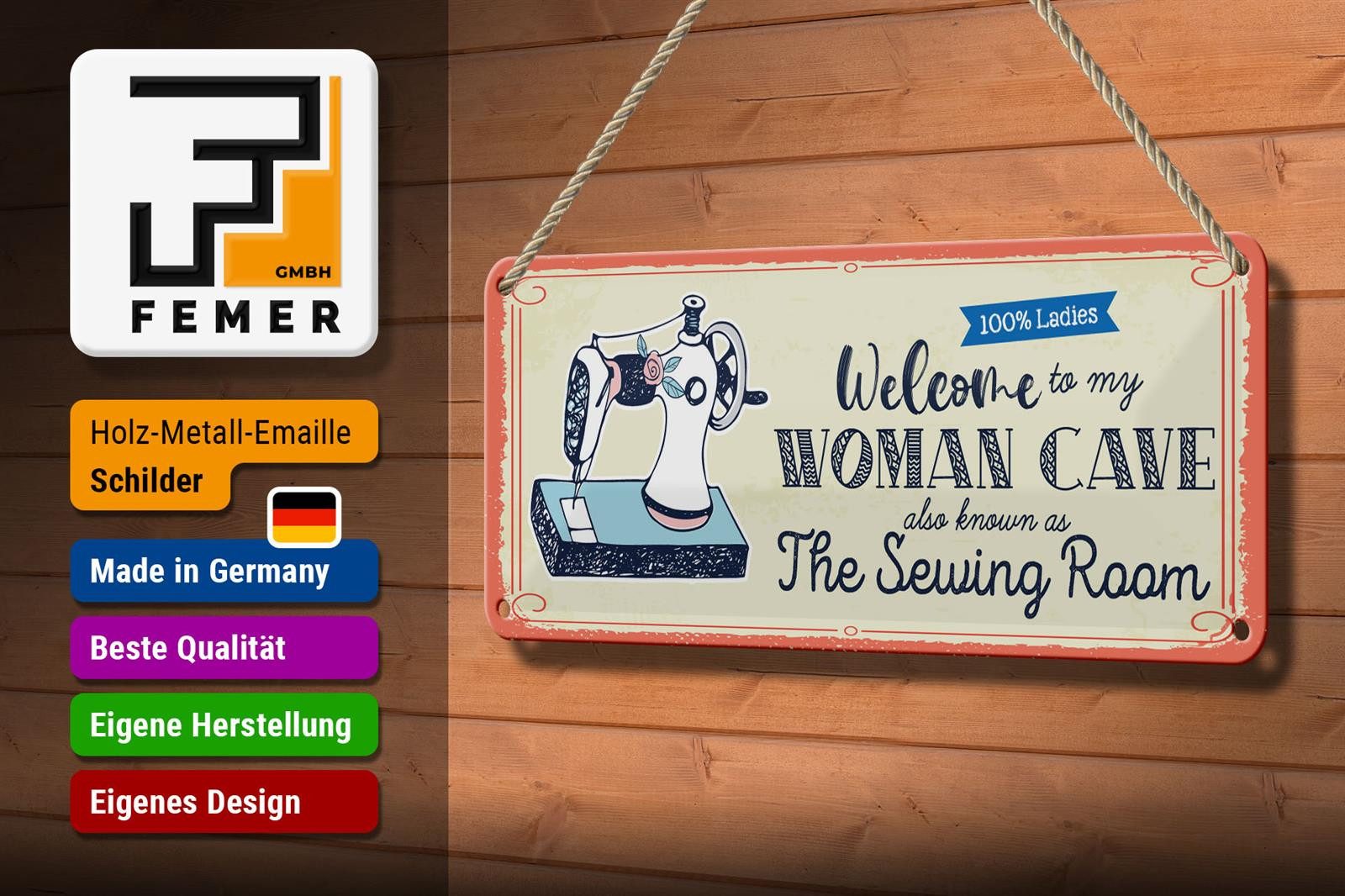 Femer GmbH Metallschild Spruch 27x10 cm Welcome to my woman cave, (1 St), gewölbte Oberfläche, abgerundete Ecken, umgeschlagene Kanten