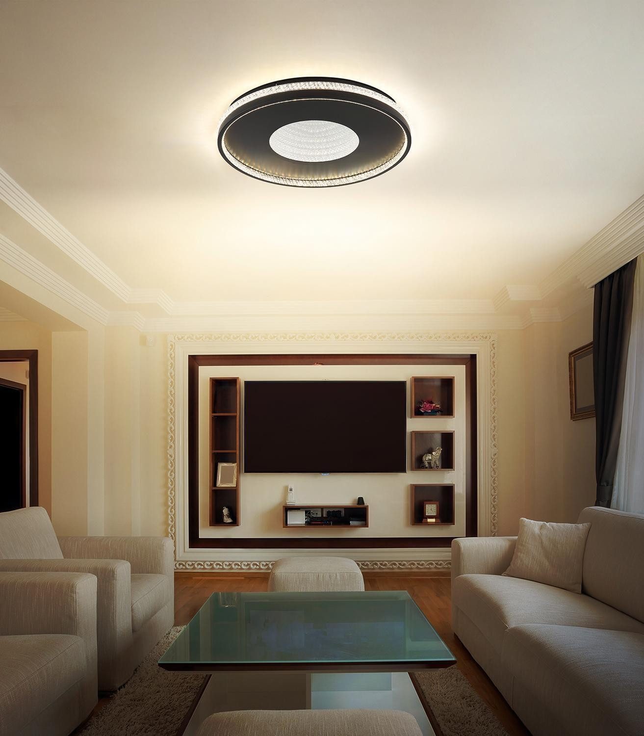 GLOBO LIGHTING LED Deckenleuchte BERNADETTE, Schwarz, Metall, Kristalloptik, Anpassung der Farbtemperatur, Dimmfunktion, LED fest integriert, Extra-Warmweiß, Neutralweiß, Tageslichtweiß, Fernbedienung, Infinity-Effekt, Ø 50 x 6,5 cm