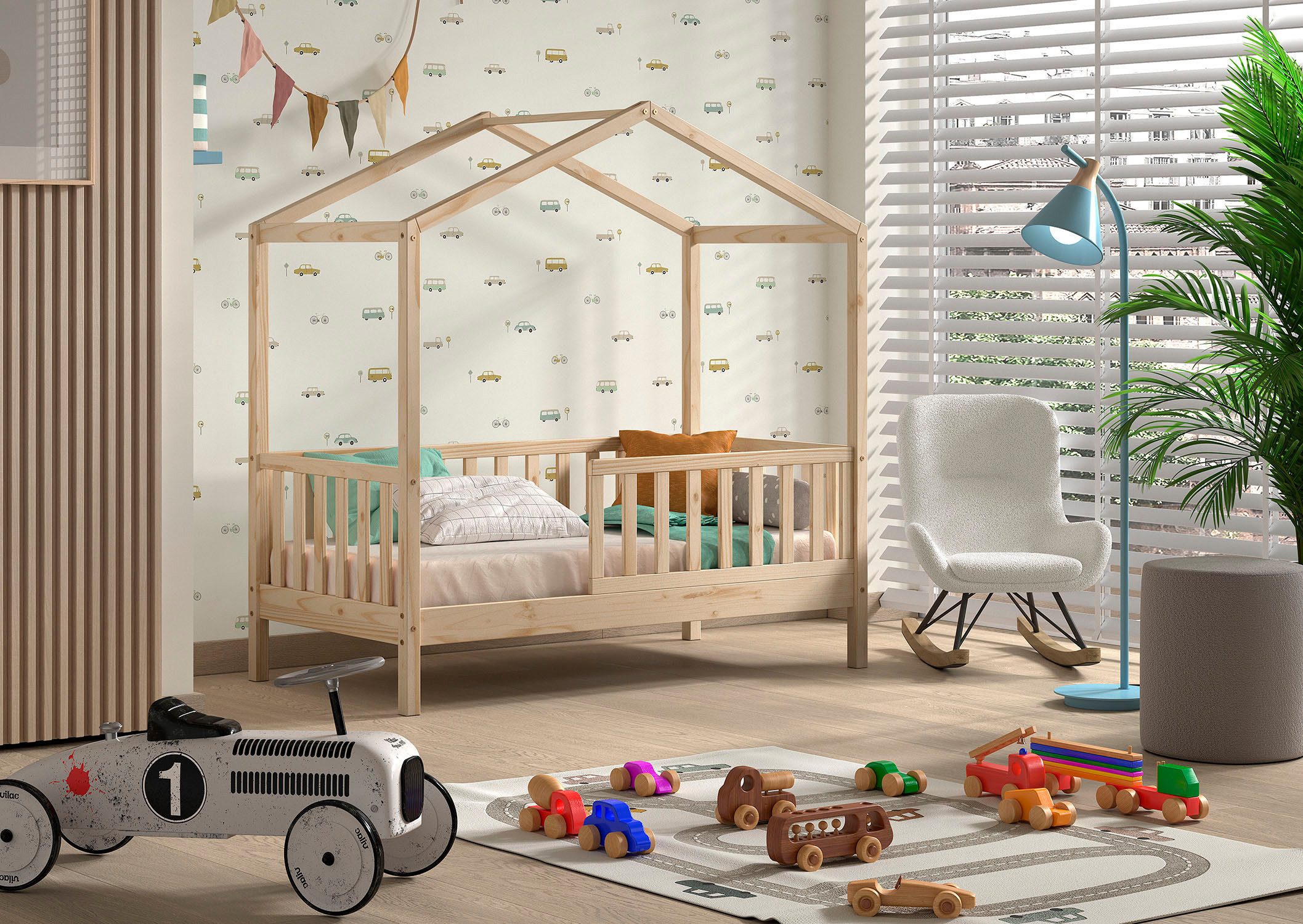 Vipack Hausbett Junior Hausbett 70/140, umlaufender Rausfallschutz, stabil gebaut (B/H/T ca. 148x150,6x75,8cm, in verschiedenen Farben erhältlich), inkl. Rolllattenrost und Dachaufbau