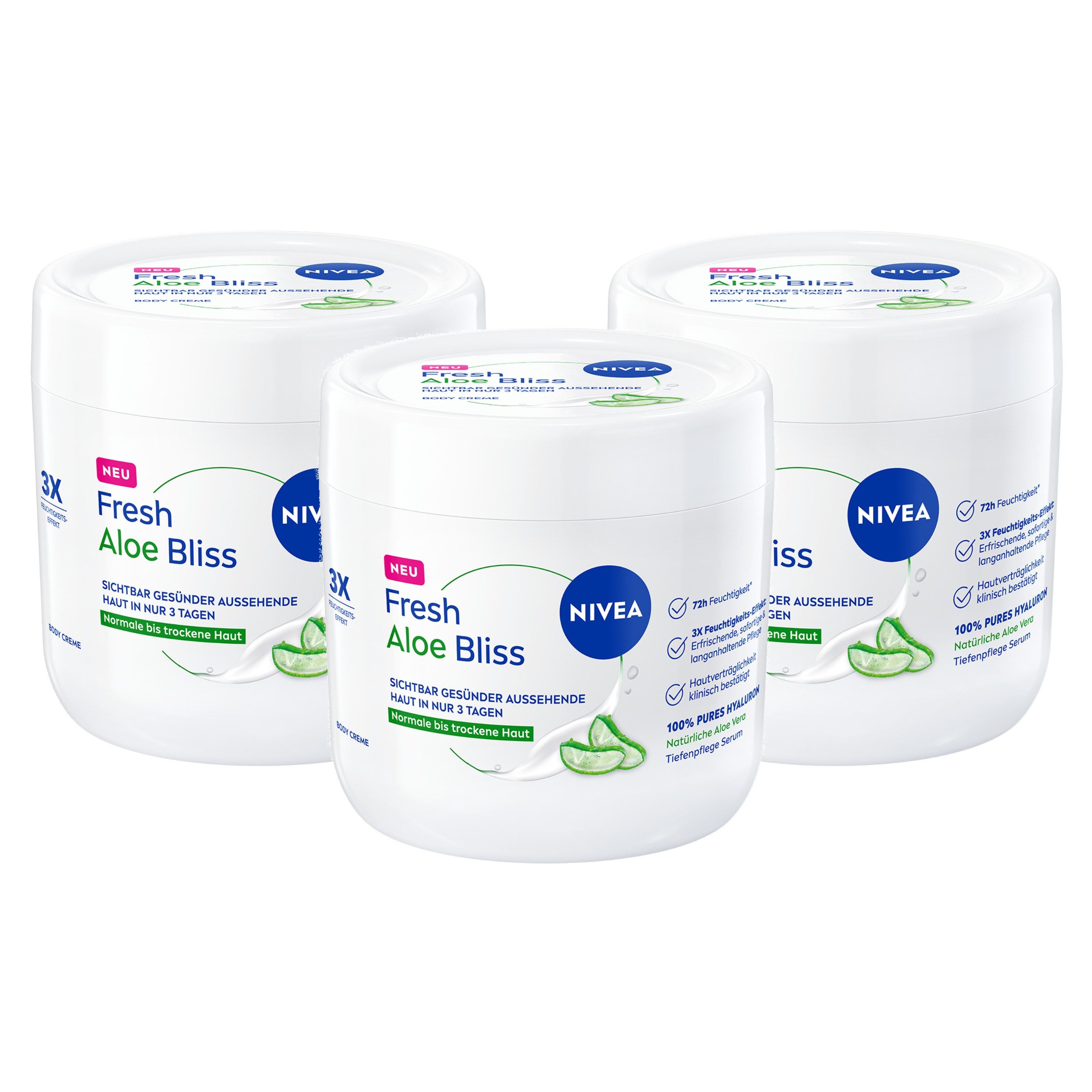 Nivea Feuchtigkeitscreme Body Fresh Aloe 3x400ml 100% purem Hyaluron & natürlicher Aloe Vera, 3-tlg., Tiefenpflege Serum