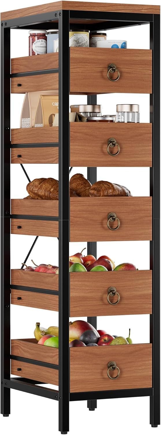 GarveeMore Küchenregal 5-stöckiges mit 5 ausziehbaren Schubladen für Obst und Gemüse, praktisches Regal für Küche, Wohnzimmer, Badezimmer und Supermarkt