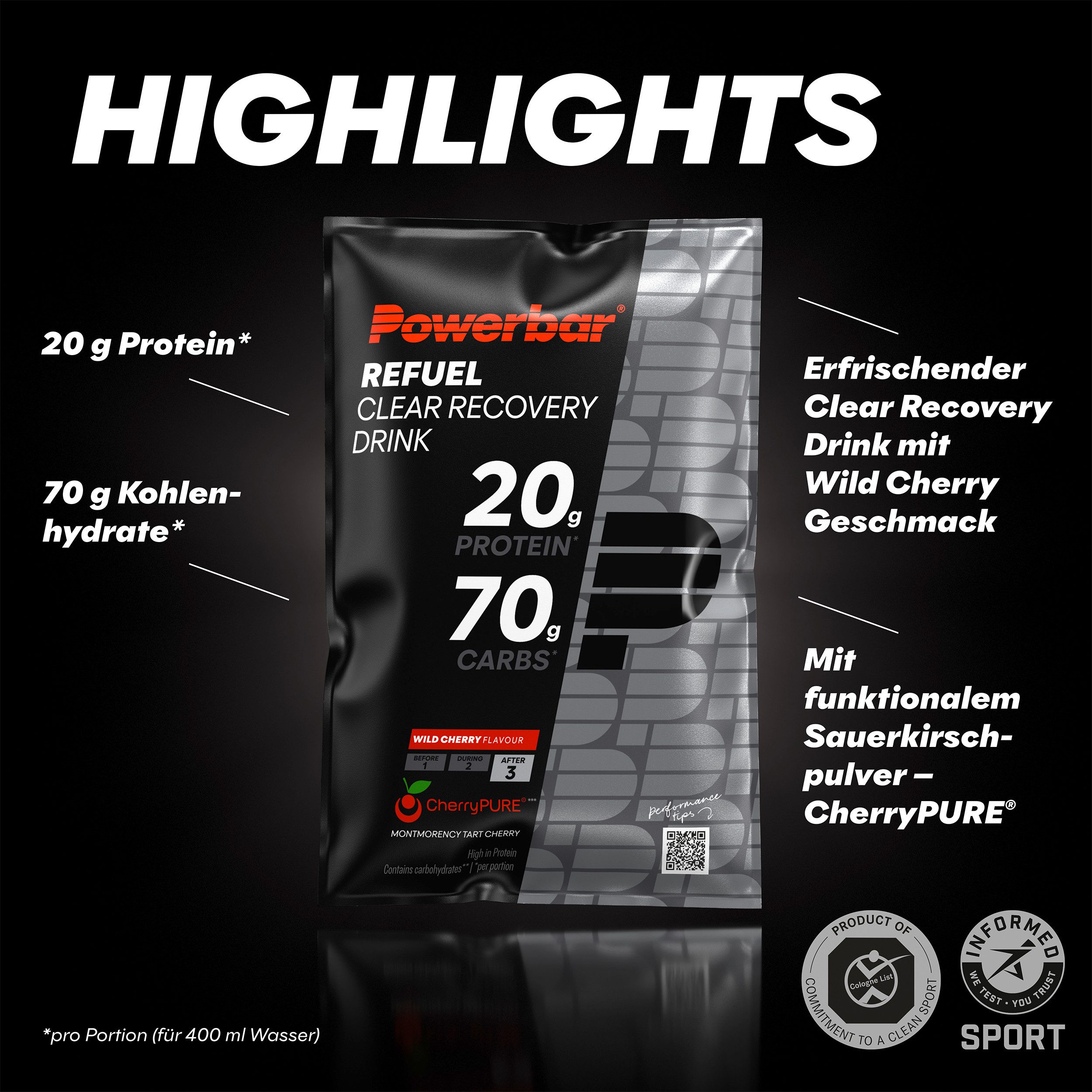 PowerBar Clear Recovery Drink Black Line Wild Cherry Regeneration Refuel 10x97g Pulver, 1 er Display à 1 St., 970 g, Enthält 70 g Kohlenhydrate