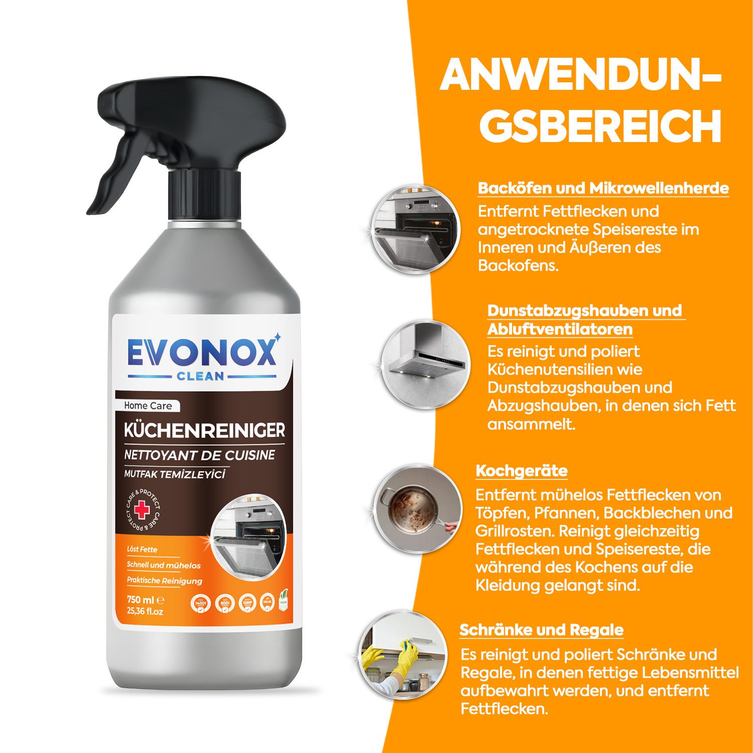 EVONOX ULTRA LEISTUNGSSTARKER KÜCHENREINIGER & FETTLÖSER 750ML SET 1,2,3,5 Küchenreiniger (Zitronenduft-Spray)