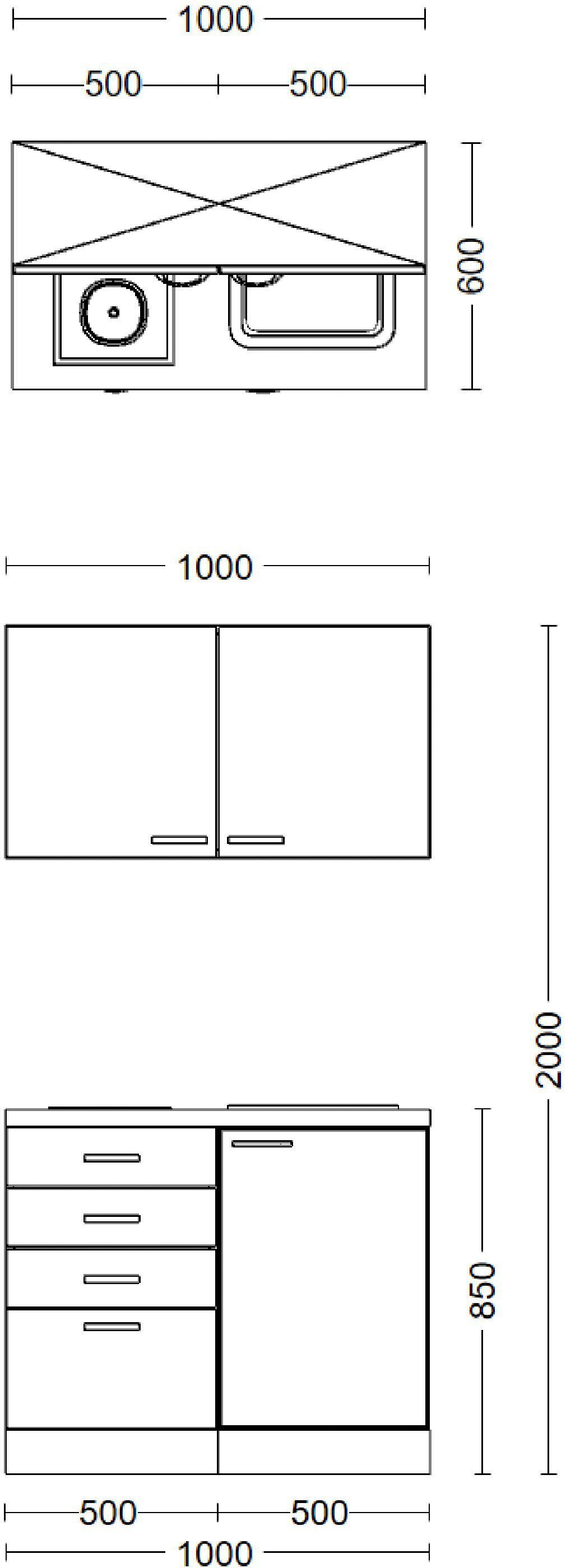 Flex-Well Küchenzeile Samoa, Gesamtbreite 100 cm, mit Kochfeld und Spüle, viele Farbenvarianten