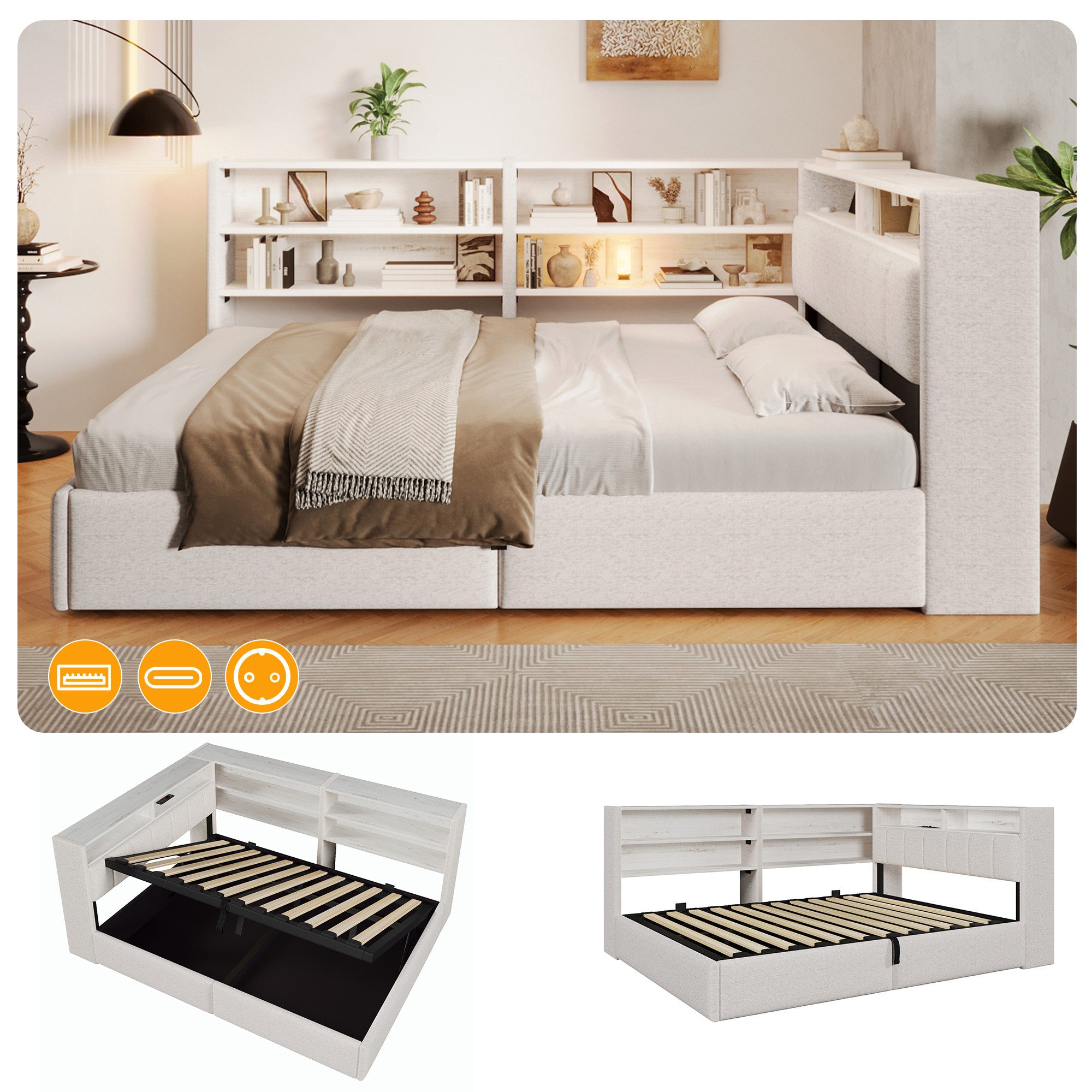 Flieks Daybett, Schlafsofa 140x200cm mit Hydraulik-Stauraum, LED-Leiste, USB