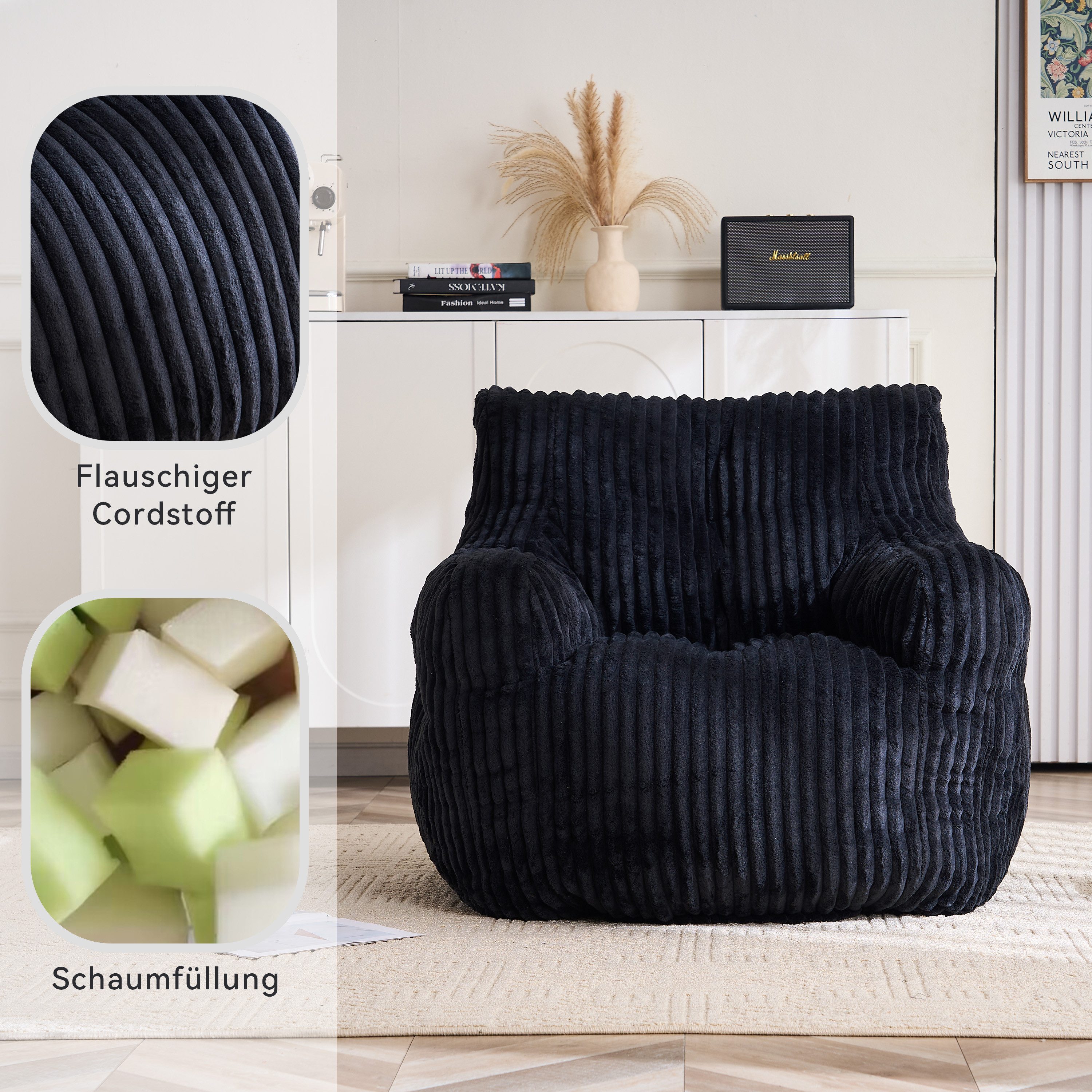 MODFU Sitzsack Einzelsofa (gesteppter Schaumstoff-Sitzsack mit Cordstoff-Bezug, 1 St., 94*100*70cm)
