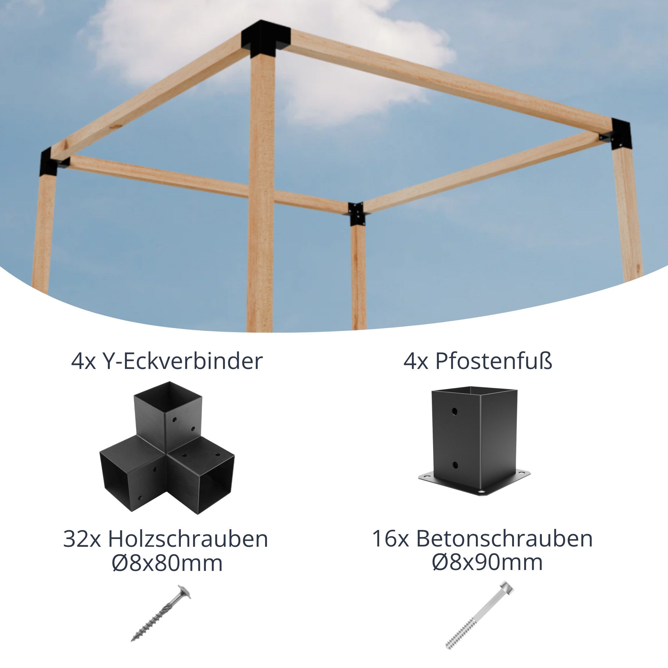 CLIP`N`SHADE Pfostenbeschlag Eck- Pfostenverbinder Beschlag Set für 10x10 Holz DIY-Pergola (DIY-Pergola, Eckverbinder Komplett Set), Hochwertiges Material, schwarz pulverbeschichtet