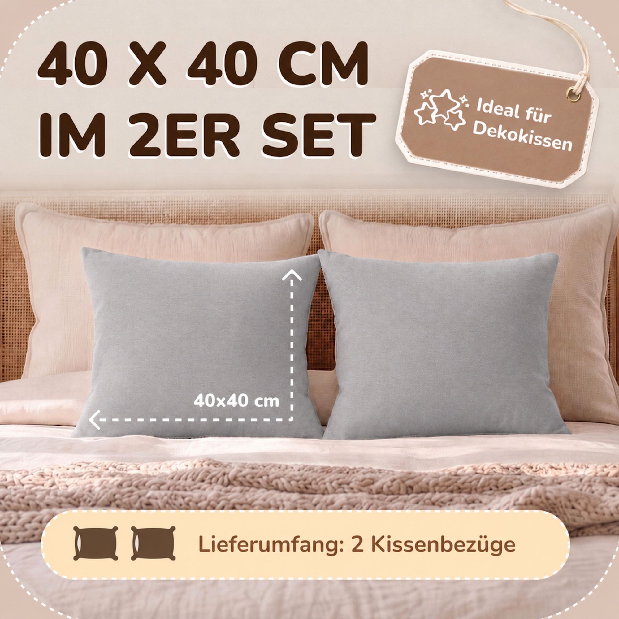 leevitex® Kissenbezüge Kissenbezug 40 x 40 cm, 2er Set, Grau, (2 Stück), feine Jersey-Qualität, 100% Baumwolle, robuster Reißverschluss